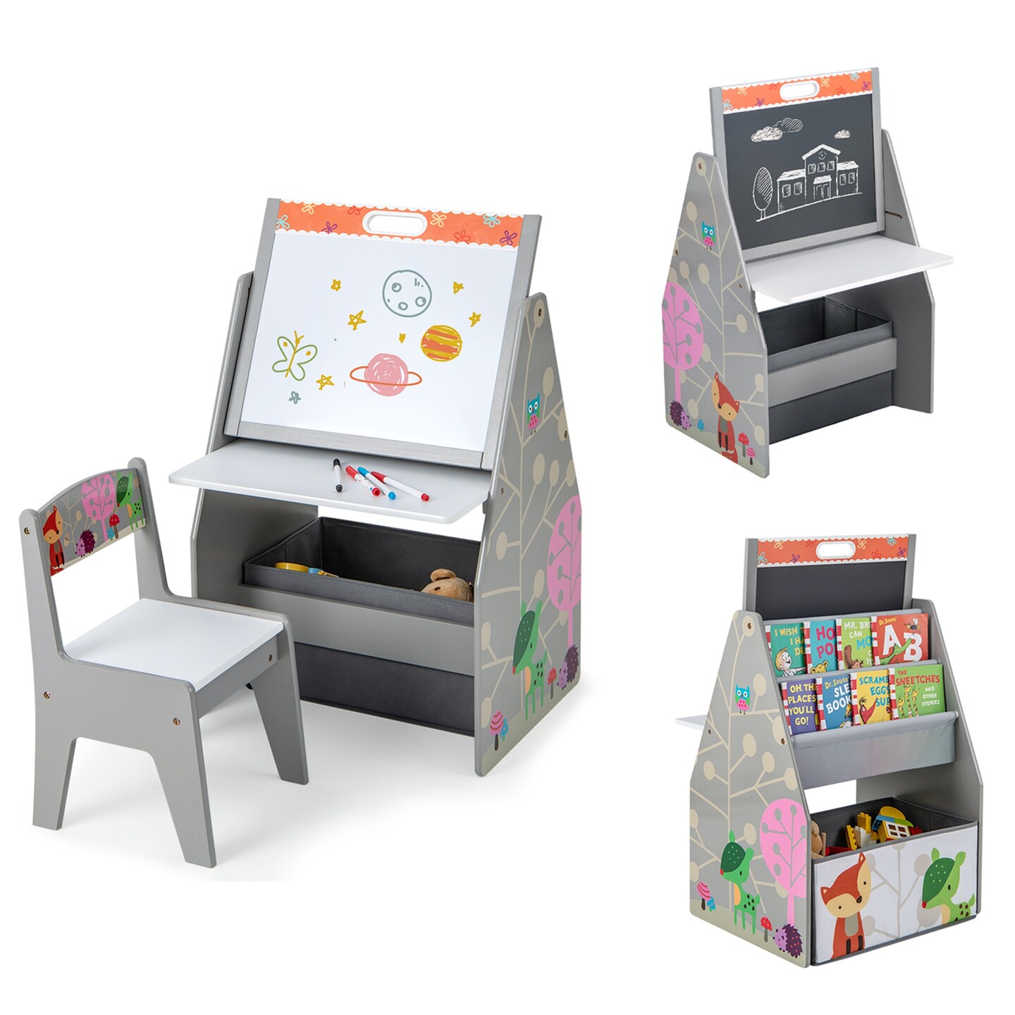Costway Kids Table & Chair Set with Rotatable Double-sided Magnetic Blackboard & Whiteboard Grey/White