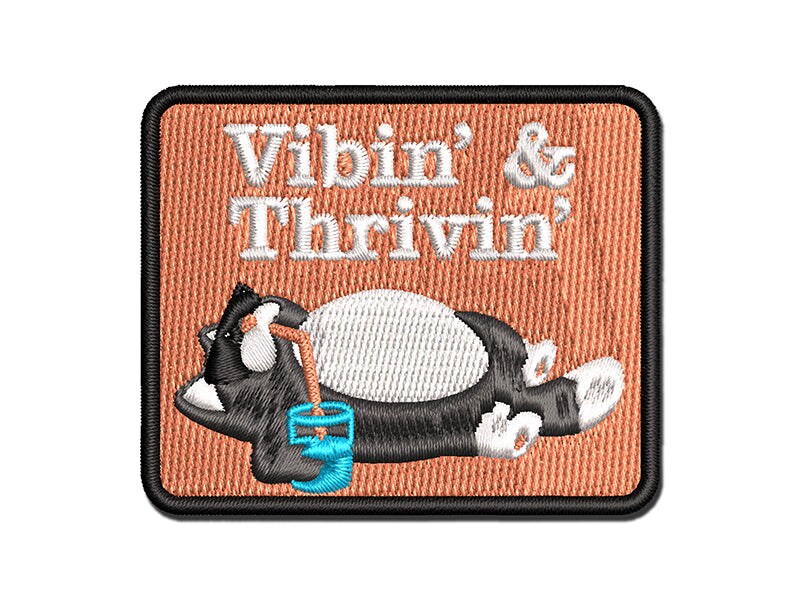 Vibing And Thriving Cat With Milk Multi Color Embroidered Iron On Or Hook And Loop Patch Applique 9643