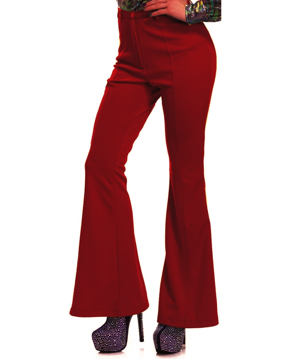 Womens 70s High Waisted Flared Red Disco Pants