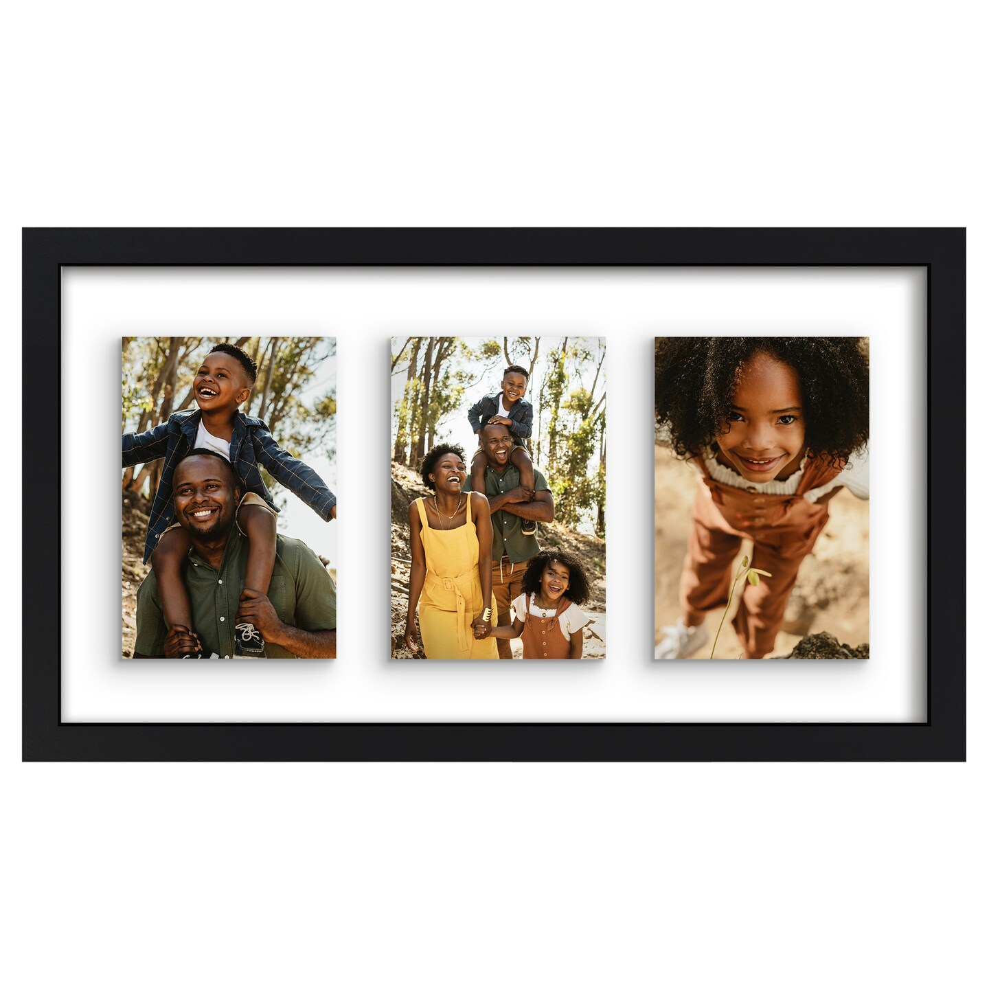 Americanflat Floating Collage Frame - Displays Three Photos with Floating Effect - Shatter Resistant Glass - Hanging Hardware for Horizontal or Verticle Display