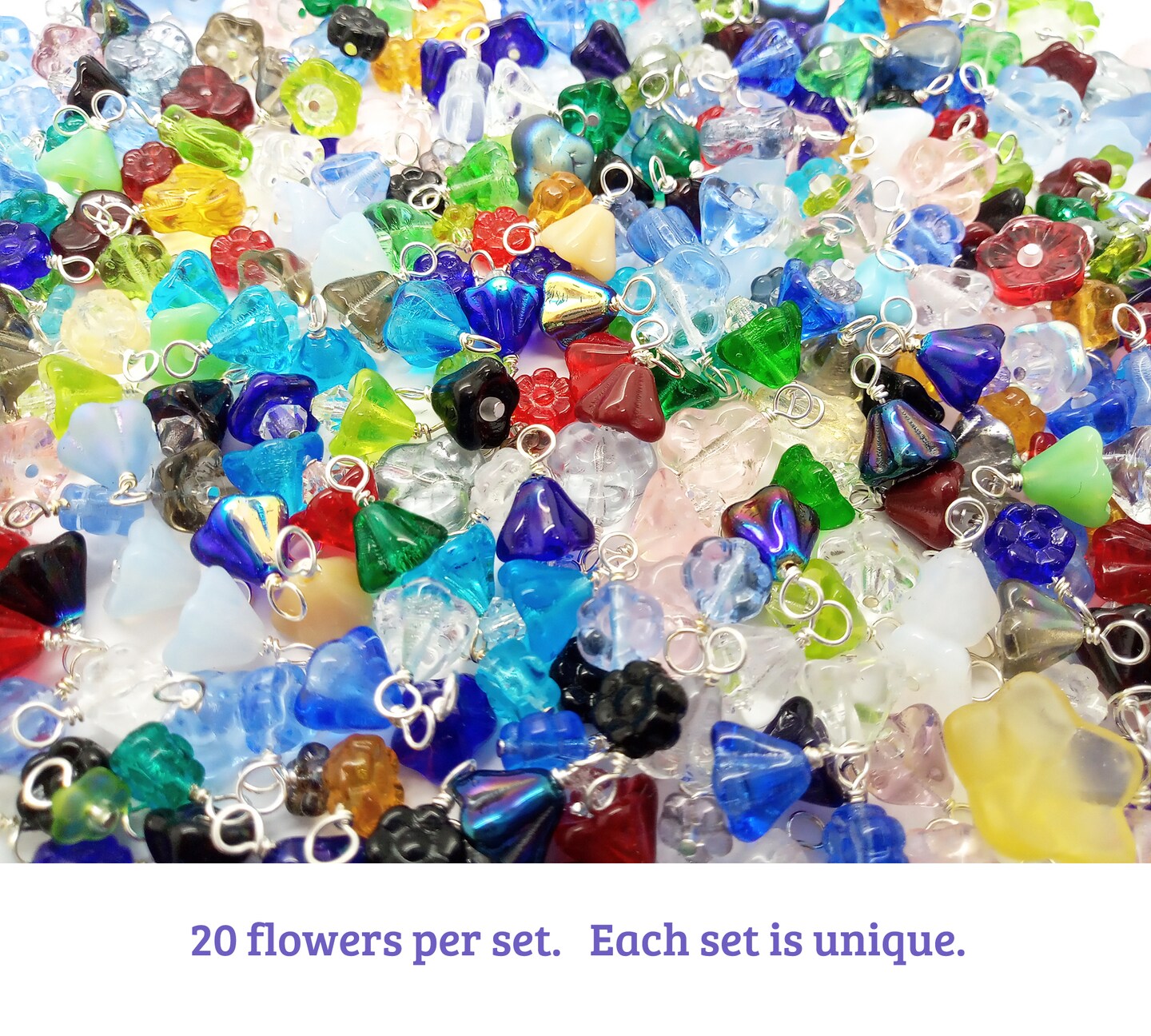 Mixed Flower Dangles, 20 pc, Glass Floral Drop Charms, Mix of Colors & Styles, Adorabilities