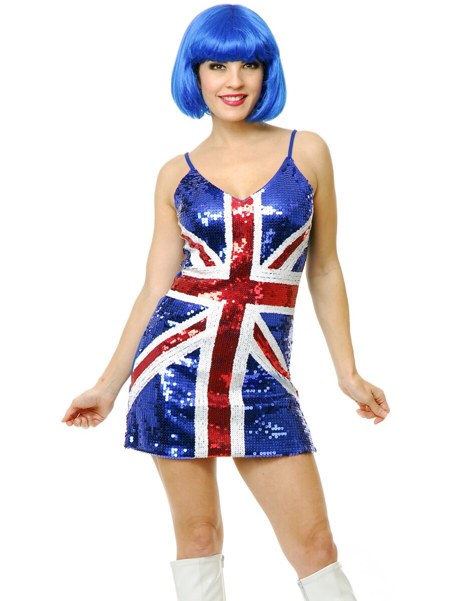 Adults Womens Red Blue 60s Twiggy British Flag Sequin Dress Costume