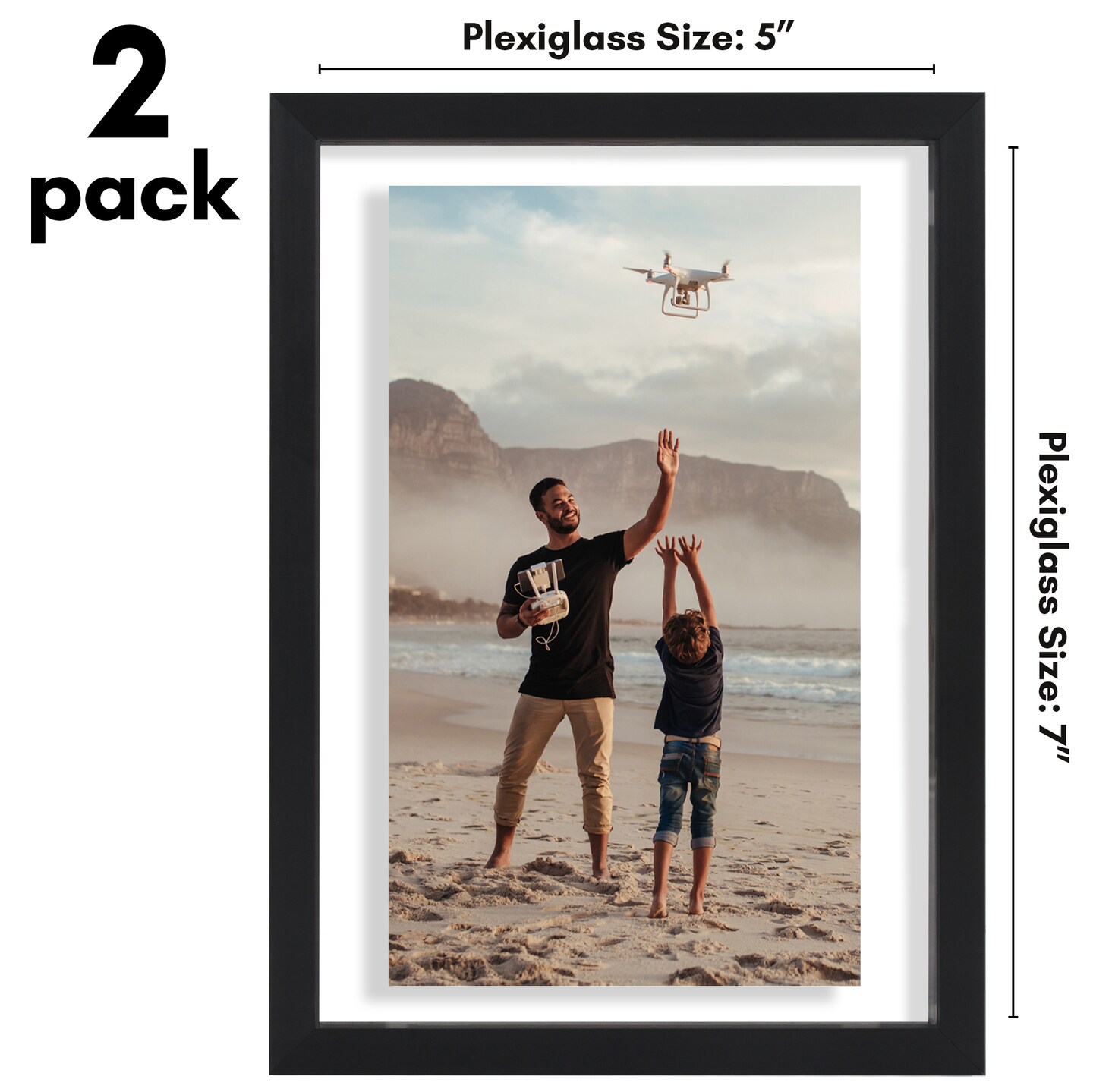 Americanflat Floating Aluminum Picture Frame - Pack of 2 - Multi Pack Photo Frames - Black Metal Molded Frame - Shatter Resistant Glass - Hanging Hardware - Black