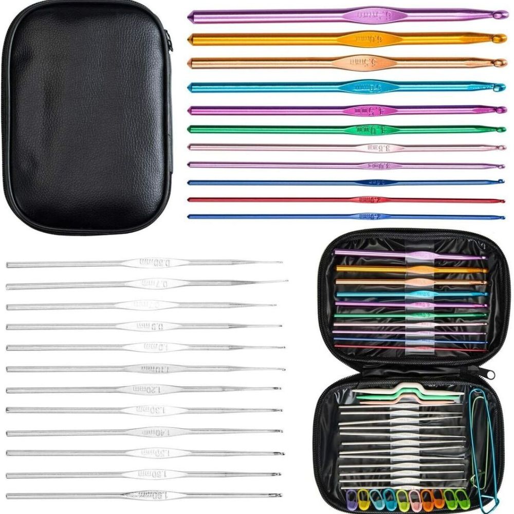 100-Piece Full Set Aluminum Crochet Hooks Needles - Multi-Color Craft Yarn Kit