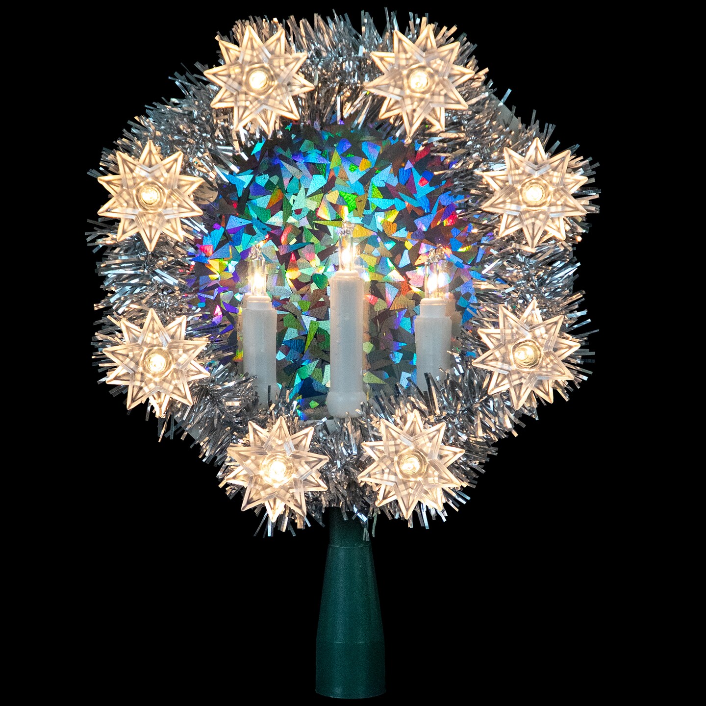 Northlight 7" Silver Wreath with Candles Christmas Tree Topper - Clear Lights