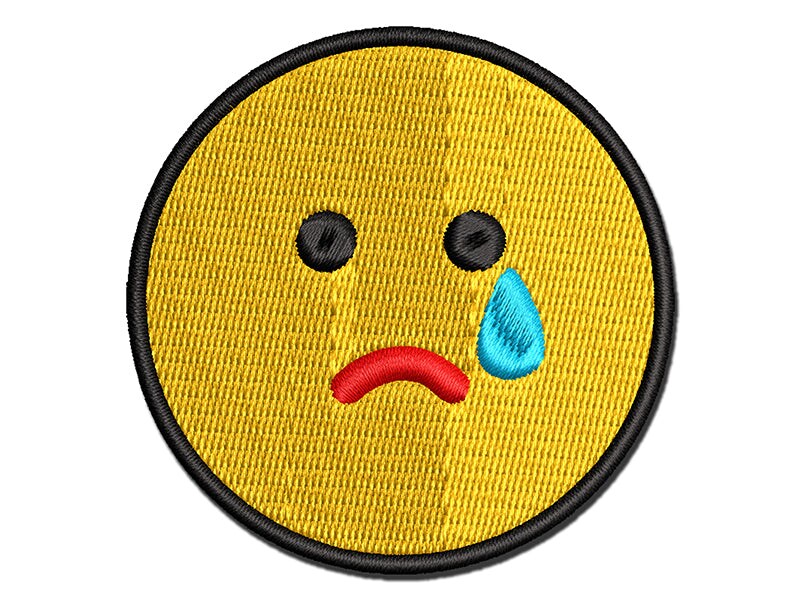 Sad Tear Crying Frown Face Emoticon Multi-Color Embroidered Iron-On or Hook &#x26; Loop Patch Applique