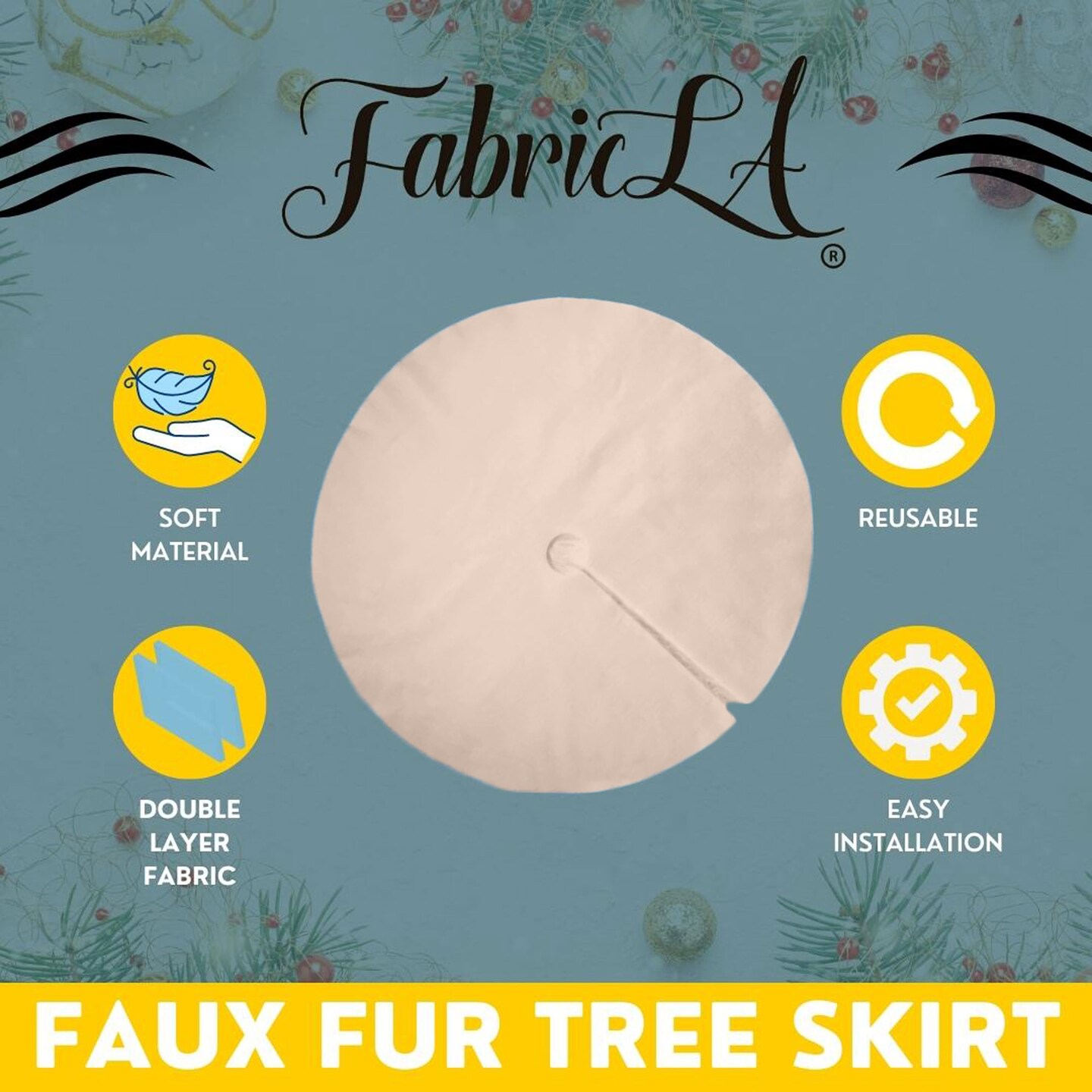 FabricLA Latte Faux Fur Tree Skirt Cut - 60-Inches with Rounded Edges (No Backing) for Christmas