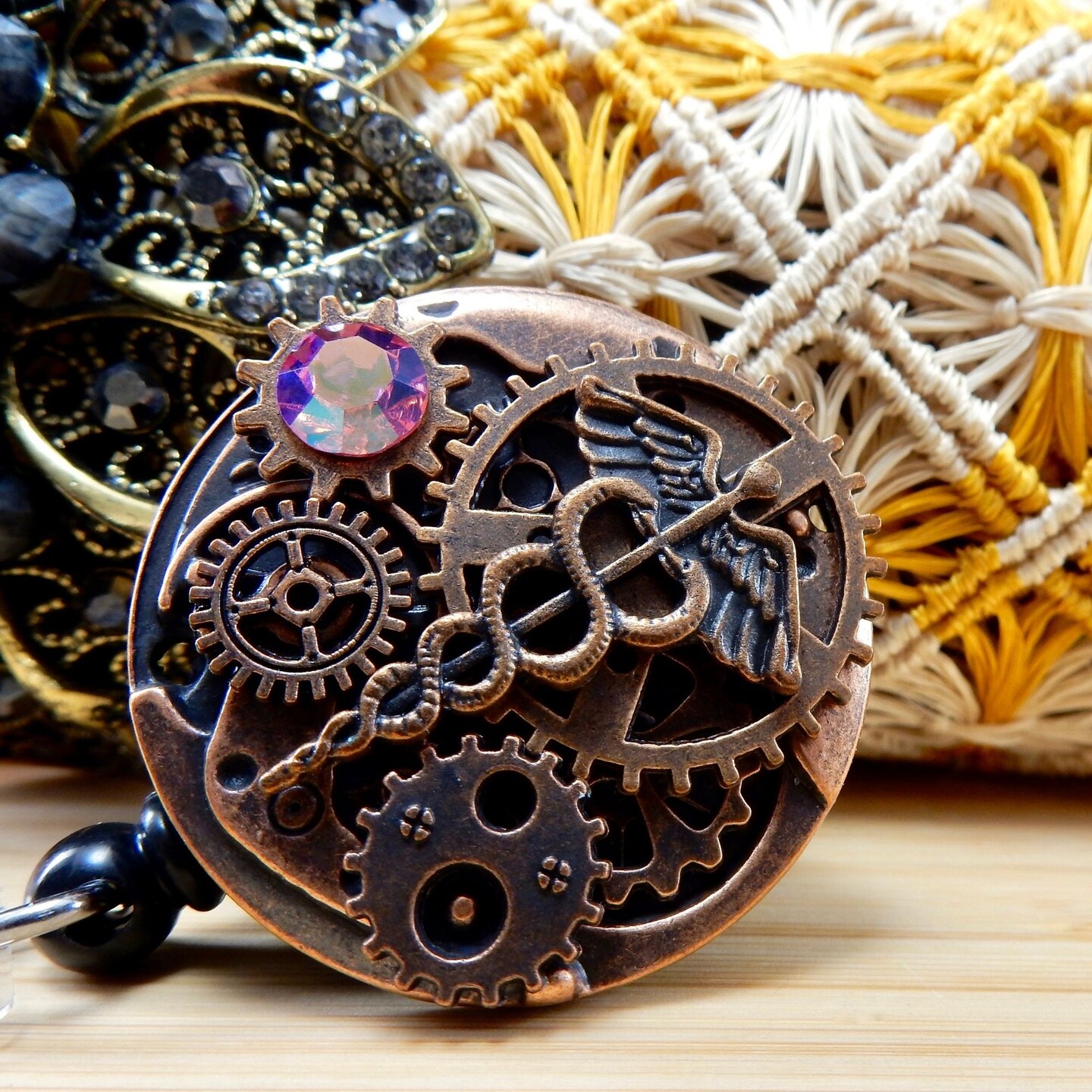 Badge Reel with Crystal, Steampunk Medical Caduceus Badge Holder