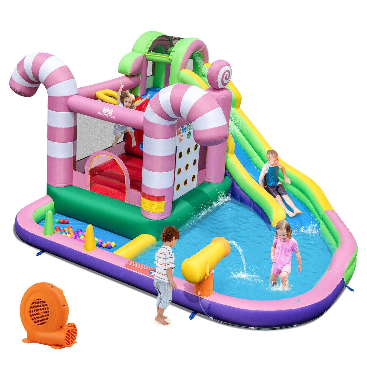 Gymax 9-in-1 Inflatable Bounce House Sweet Candy Water Slide Park Pool w/ 680W Blower