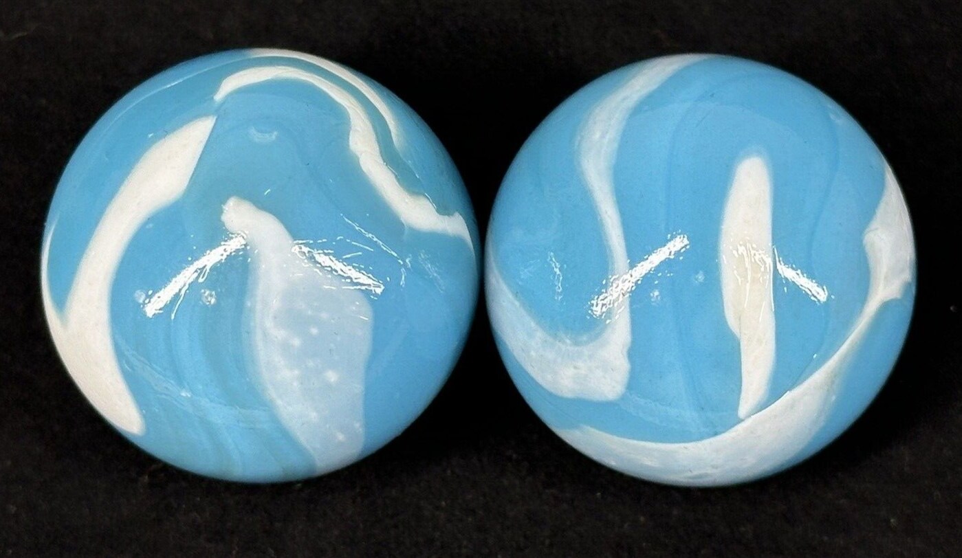 2 BOULDERS 35mm NEPTUNE Marbles Glass Blue/White LARGE HUGE Swirl