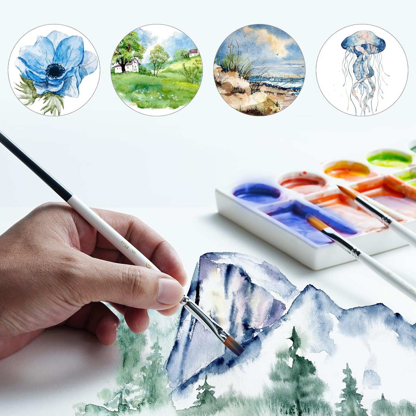 ARTIFY 9 PCS Floral Watercolor Brushes for Beginners &#x26; Pros | Artist Paint Brushes for Watercolor, Gouache &#x26; Acrylic | Round, Flat, Dagger, Cat&#x2019;s Tongue, Detail Bruhes &#x26; Squirrel Hair Quill Brush
