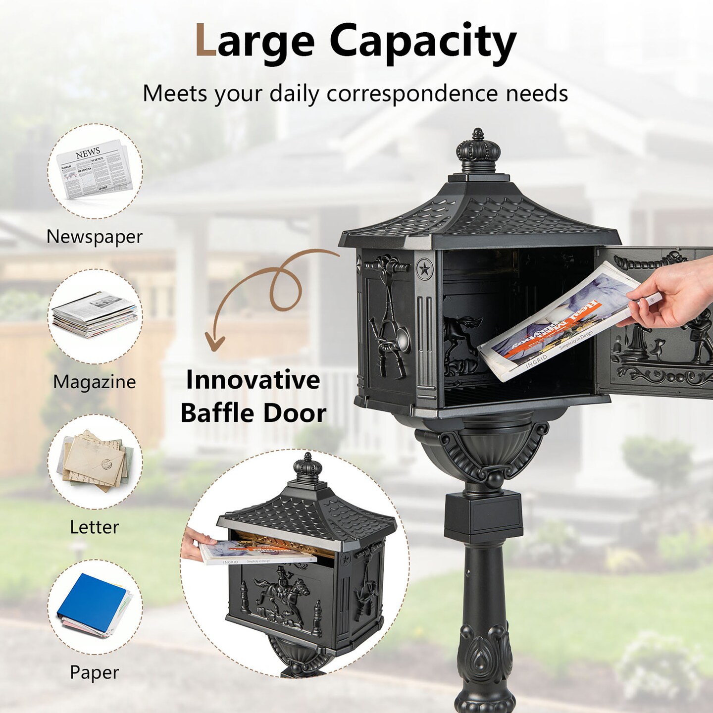 Costway Retro Cast Aluminum Mailbox Lockable Security Postal Letter Box withBaffle Door Bronze/Black/White