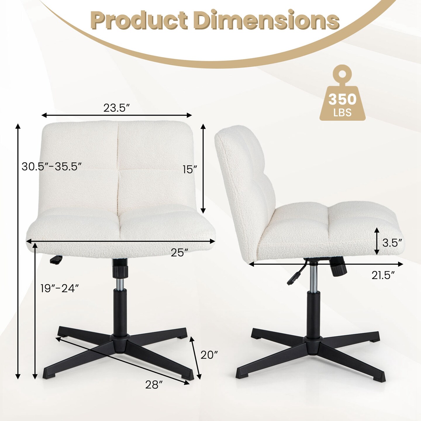 Costway Armless Office Desk Chair Modern Swivel Vanity Chair with Adjustable Height Grey/Brown/Beige