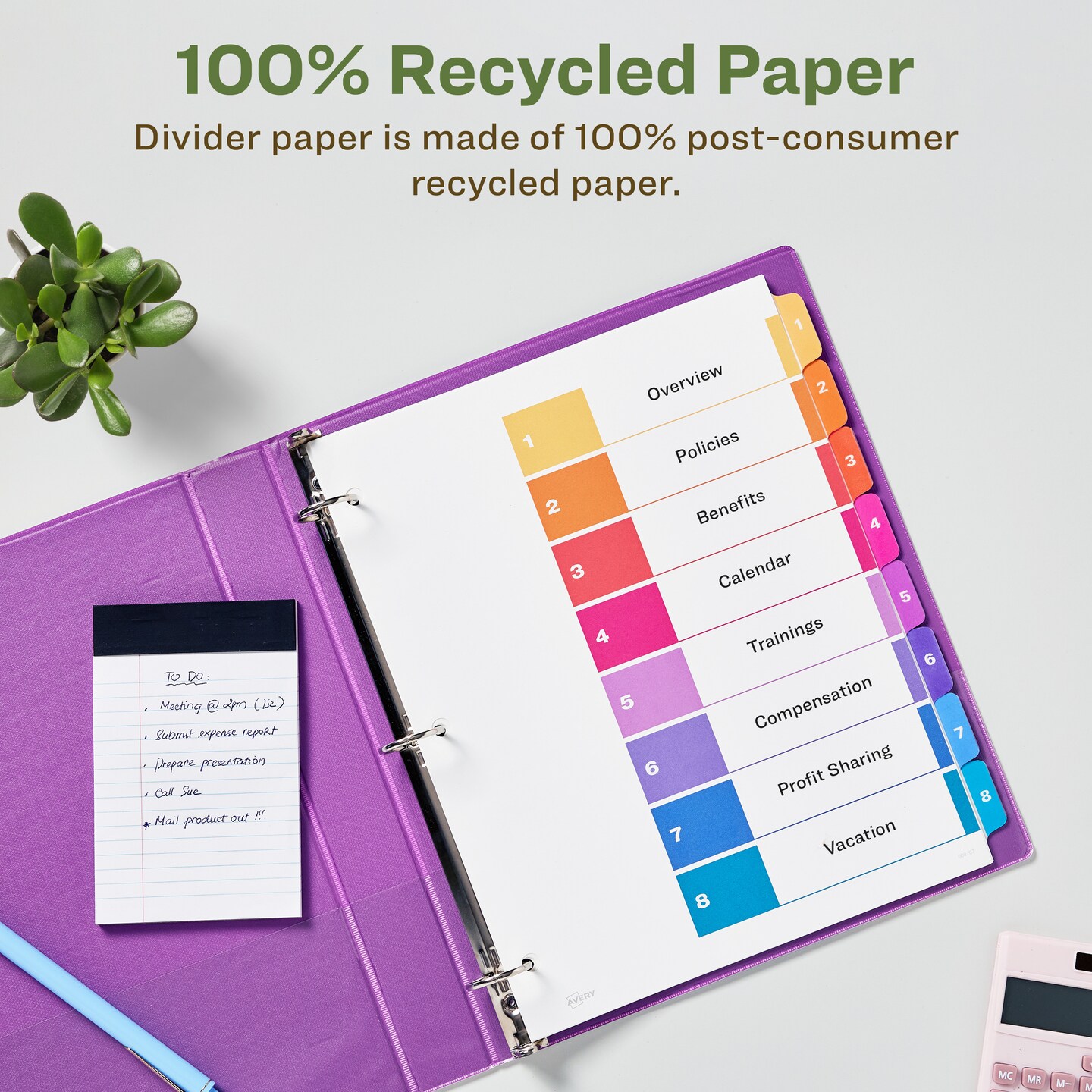 Avery EcoFriendly Recycled Dividers for 3 Ring Binders, 8-Tab, Multicolor Tabs, Ready Index Customizable Table of Contents, 3 Sets for 24 Binder Dividers Total (11081)