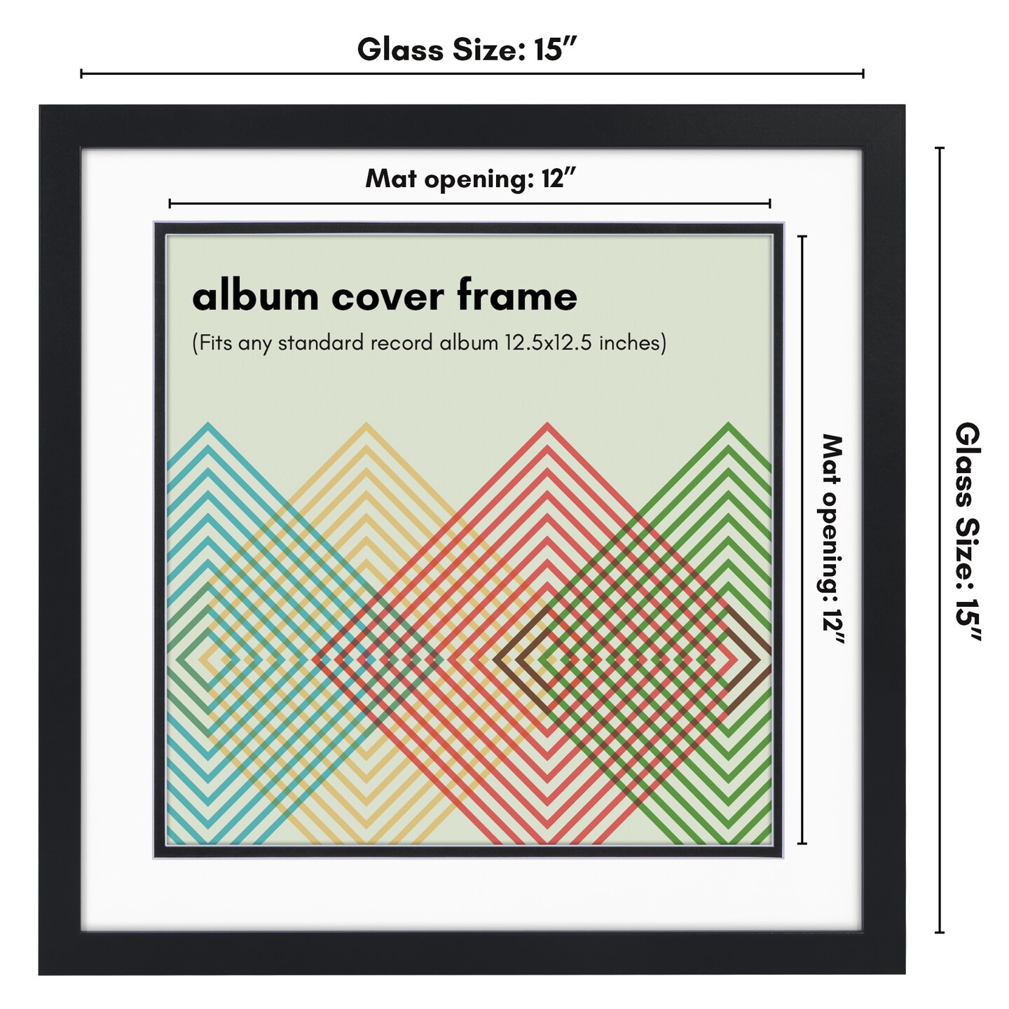 Americanflat 15x15 Record Cover Frame - Includes Double Black and White Mat with Mounting Board - Record Album Picture Frame - Shatter Resistant Glass - Hanging Hardware - Black