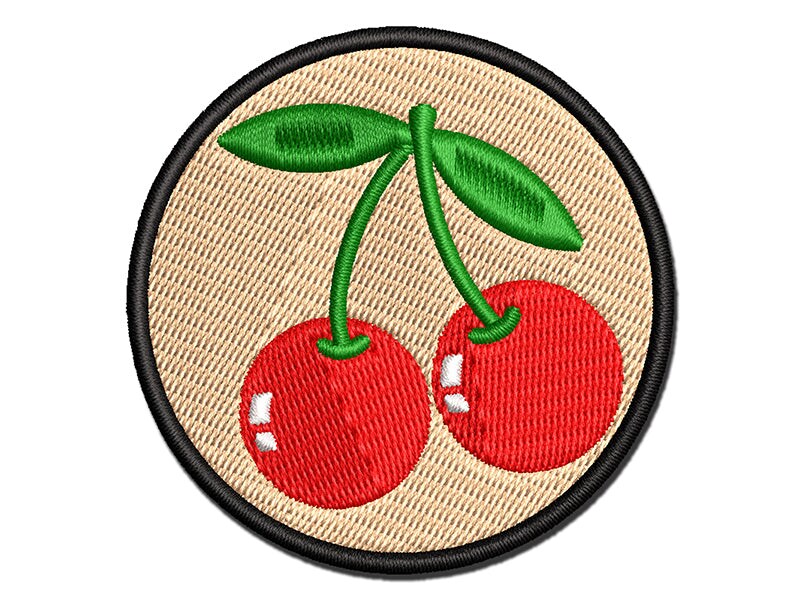 Pair of Cherries on Stem Cherry Fruit Multi-Color Embroidered Iron-On or Hook &#x26; Loop Patch Applique