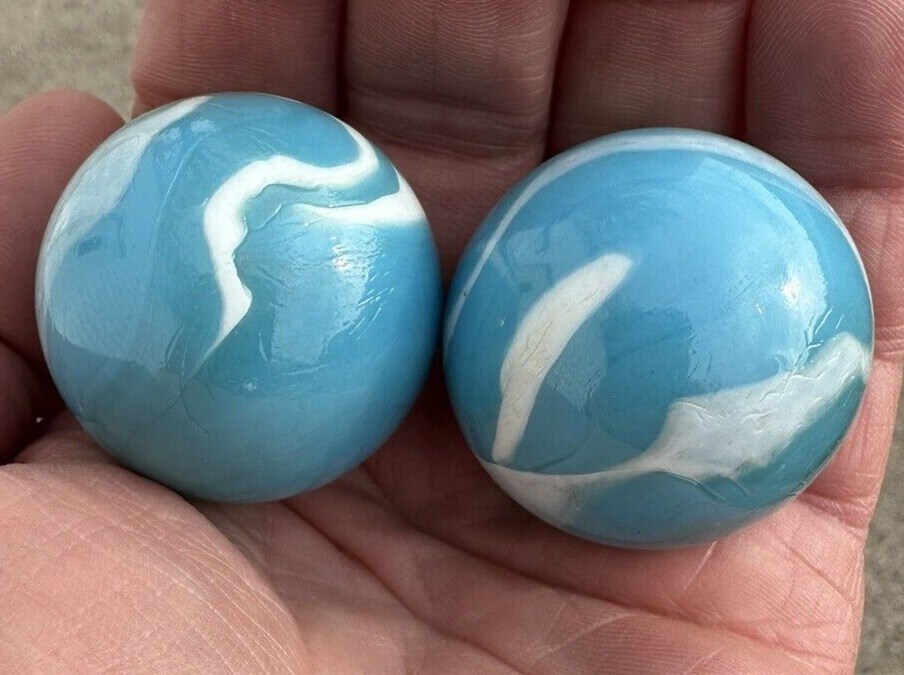 2 BOULDERS 35mm NEPTUNE Marbles Glass Blue/White LARGE HUGE Swirl