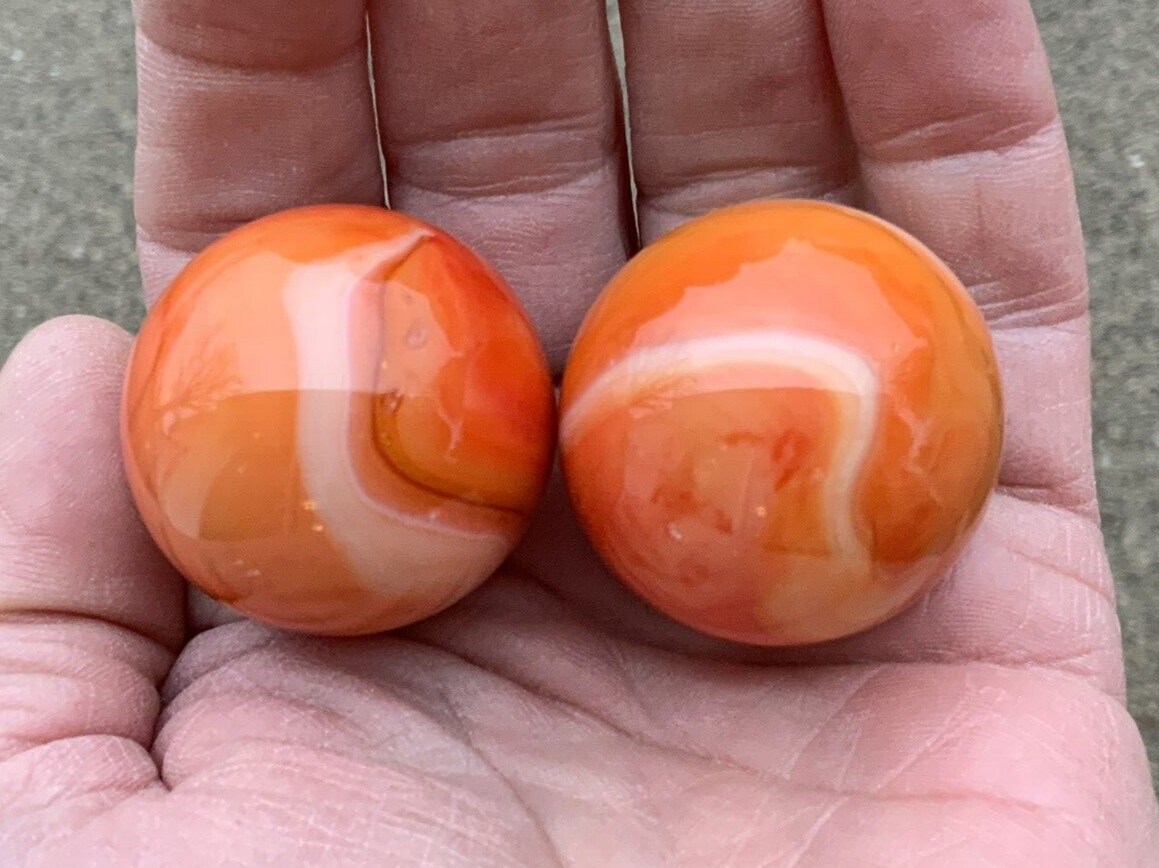 2 BOULDERS 35mm T-REX Marbles 1-3/8&#x22; Glass Ball Orange/White Giant LARGE Swirl