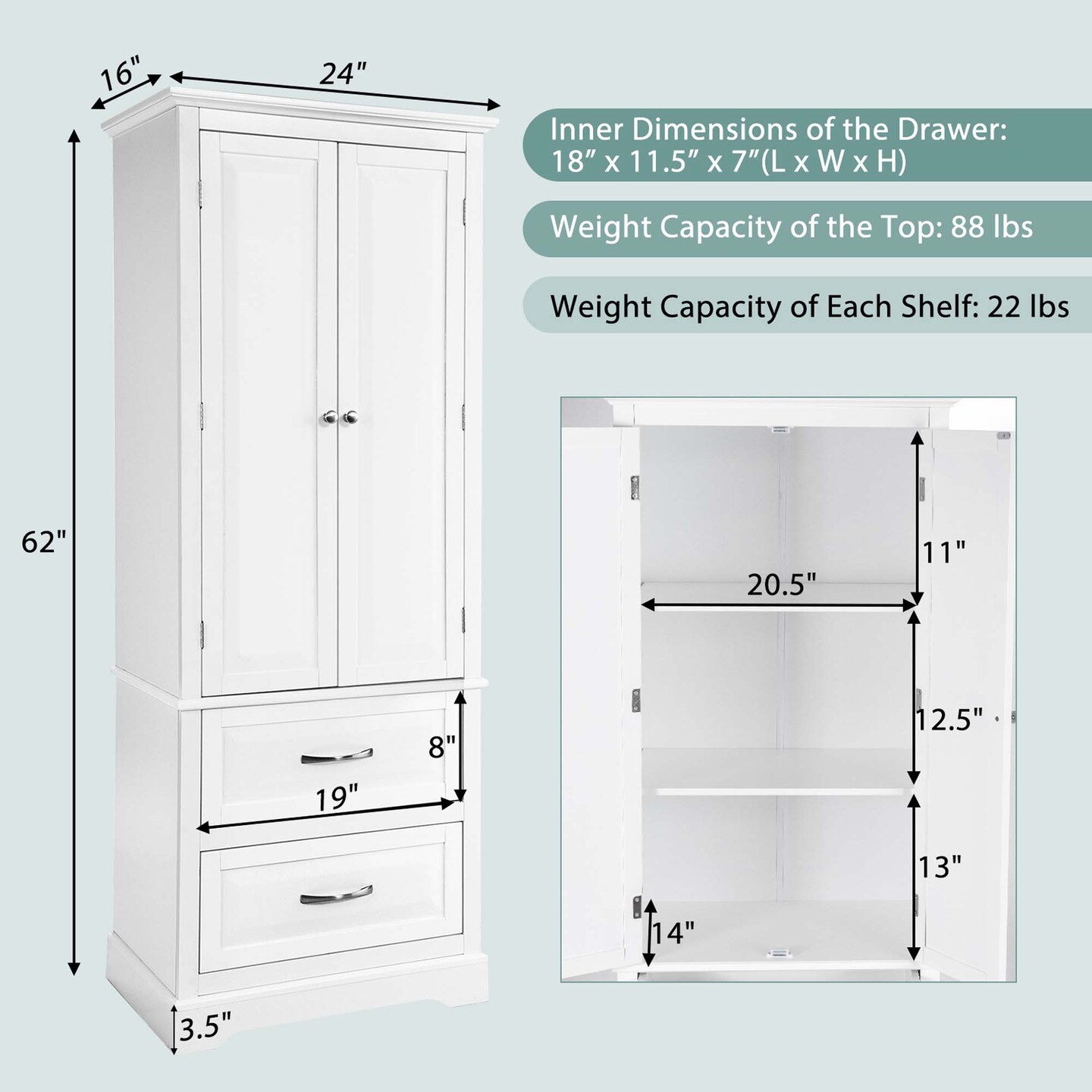 Costway 62&#x27;&#x27; Tall Bathroom Freestanding Floor Storage Cabinet with  2 Doors Shelves Drawers