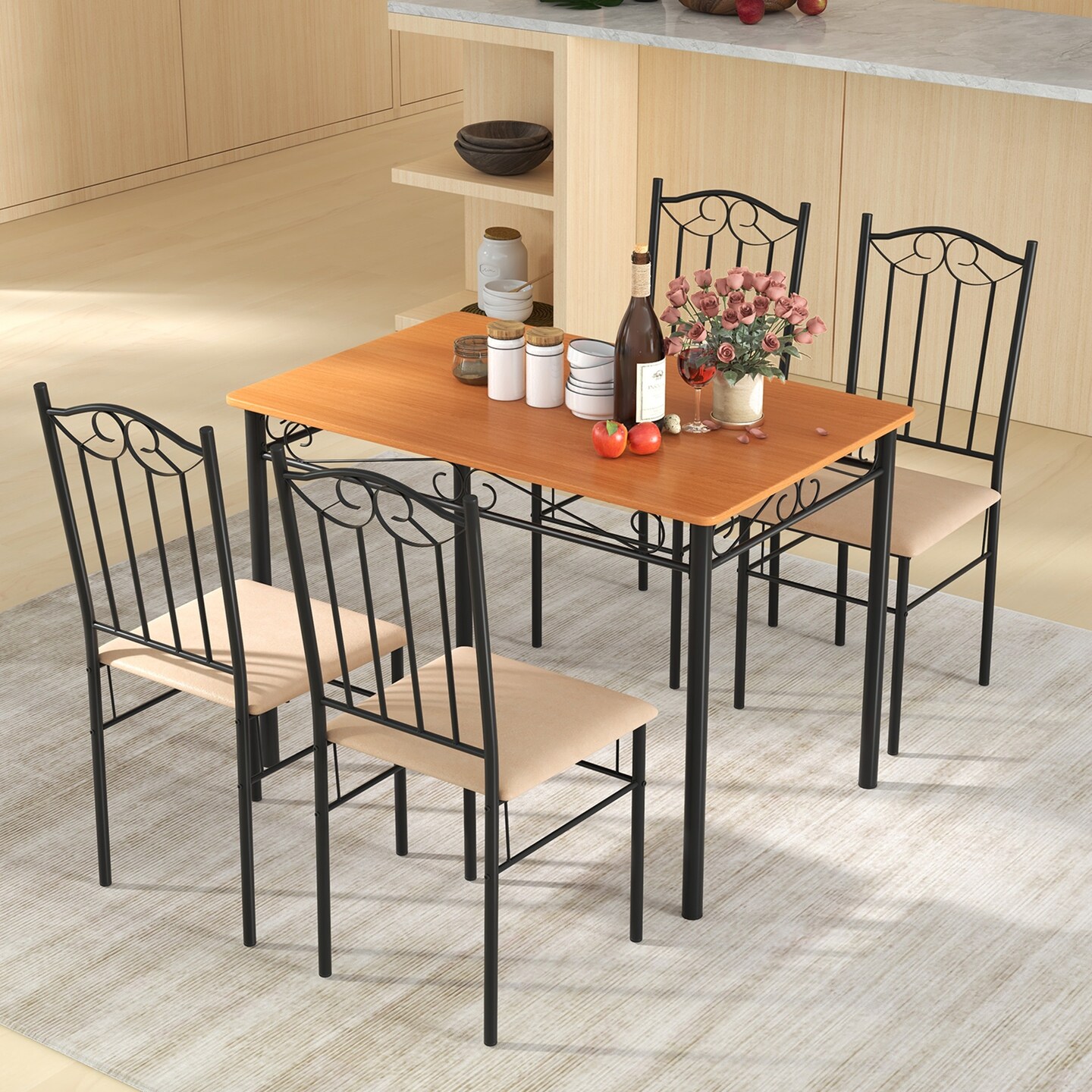 Costway 5 PC Dining Set Wood Metal 30" Table and 4 Chairs Black Kitchen Breakfast Furniture