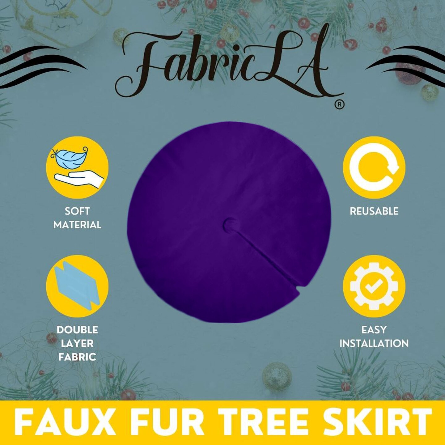 FabricLA 48&#x22; Purple Faux Fur Christmas Tree Skirt - Fluffy Plush Tree Skirt (121cm) for Holiday Decorations