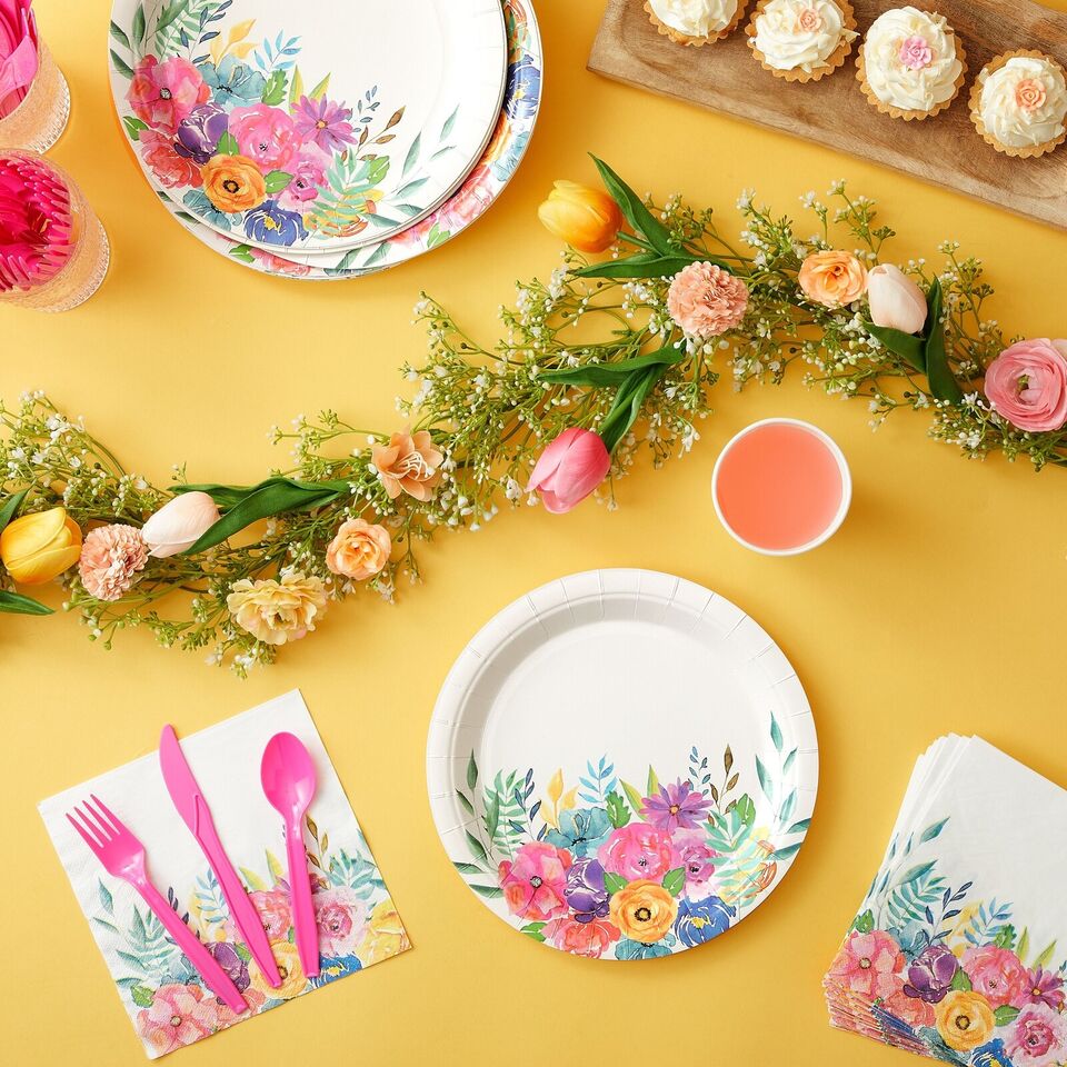 144-Piece Floral Tea Party Pack - Plates, Napkins, Cups, Cutlery (Serves 24)