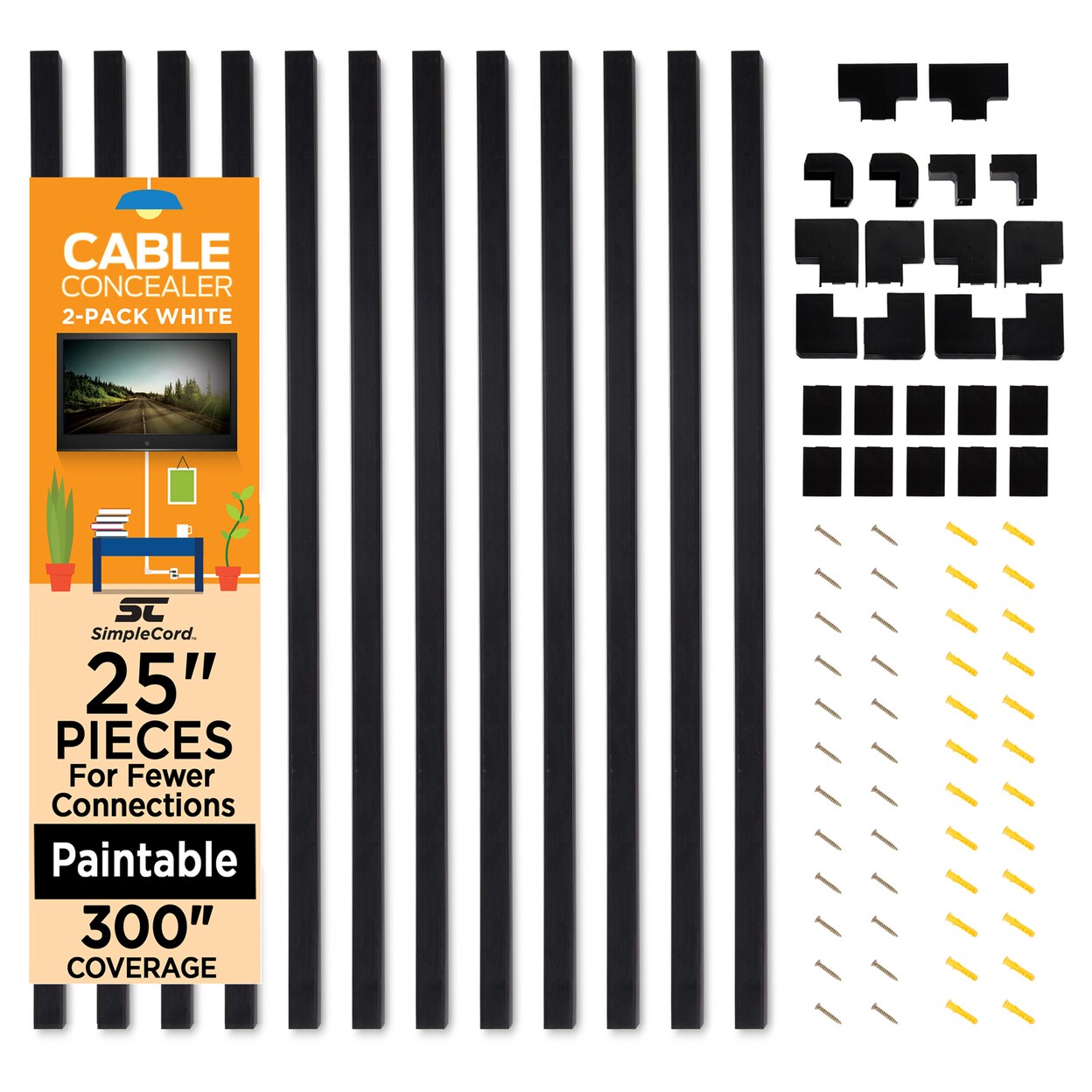 SimpleCord Cable Cord Concealer Home Office Black Large Raceway Kit Home Office Cords 300"