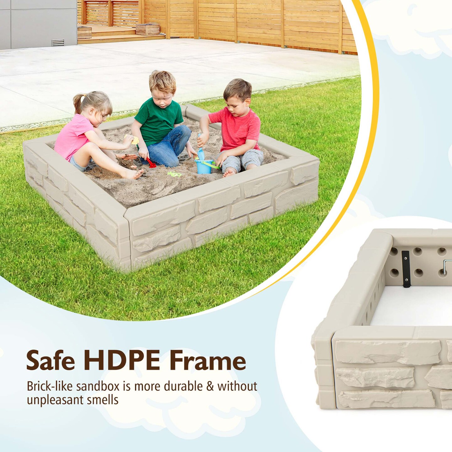 Costway Kids Sandbox with Cover Bottom Liner Backyard Beach HDPE Sandpit for Outdoor Play Brown/White/Gray
