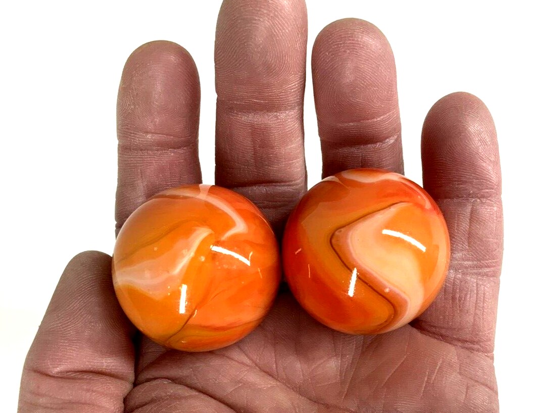 2 BOULDERS 35mm T-REX Marbles 1-3/8&#x22; Glass Ball Orange/White Giant LARGE Swirl
