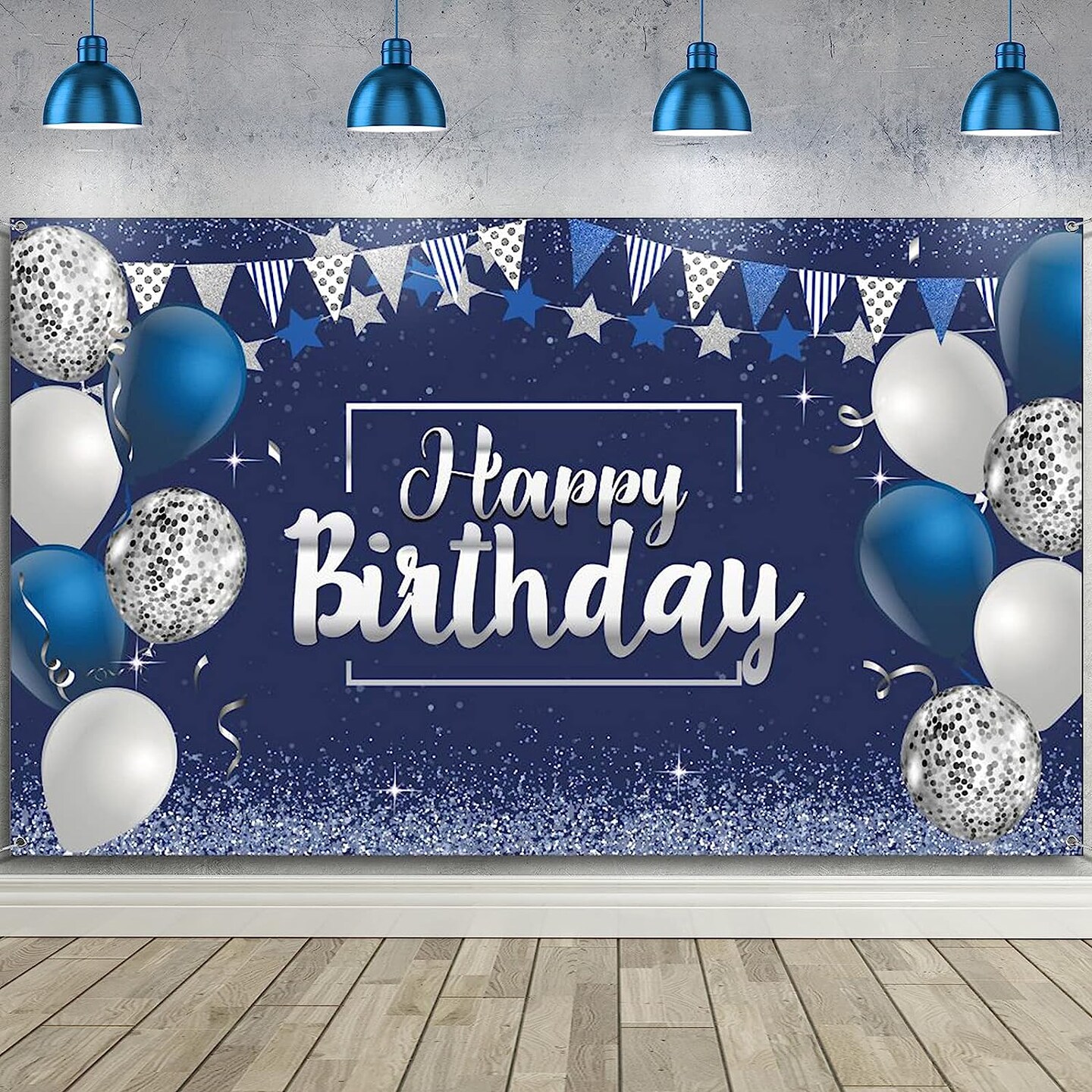 Happy Birthday Decorations Backdrop, Glitter Birthday Backdrop Sign, Happy Birthday Banner, Birthday Party Supplies Photo Background for Children Men Women, 72.8 x 43.3 Inch (Silver and Navy Blue)