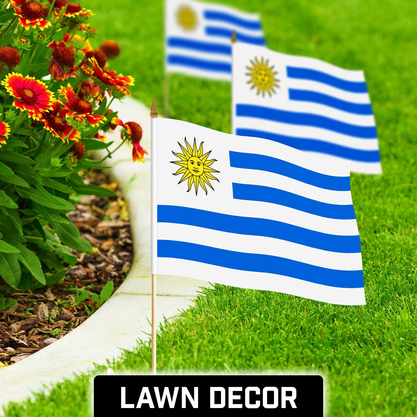 G128 12 Pack Handheld Uruguay Uruguayan Stick Flags | 12x18 In | Printed 150D Polyester, Country Flag, Solid Wooden Stick, Spear Gold Tip