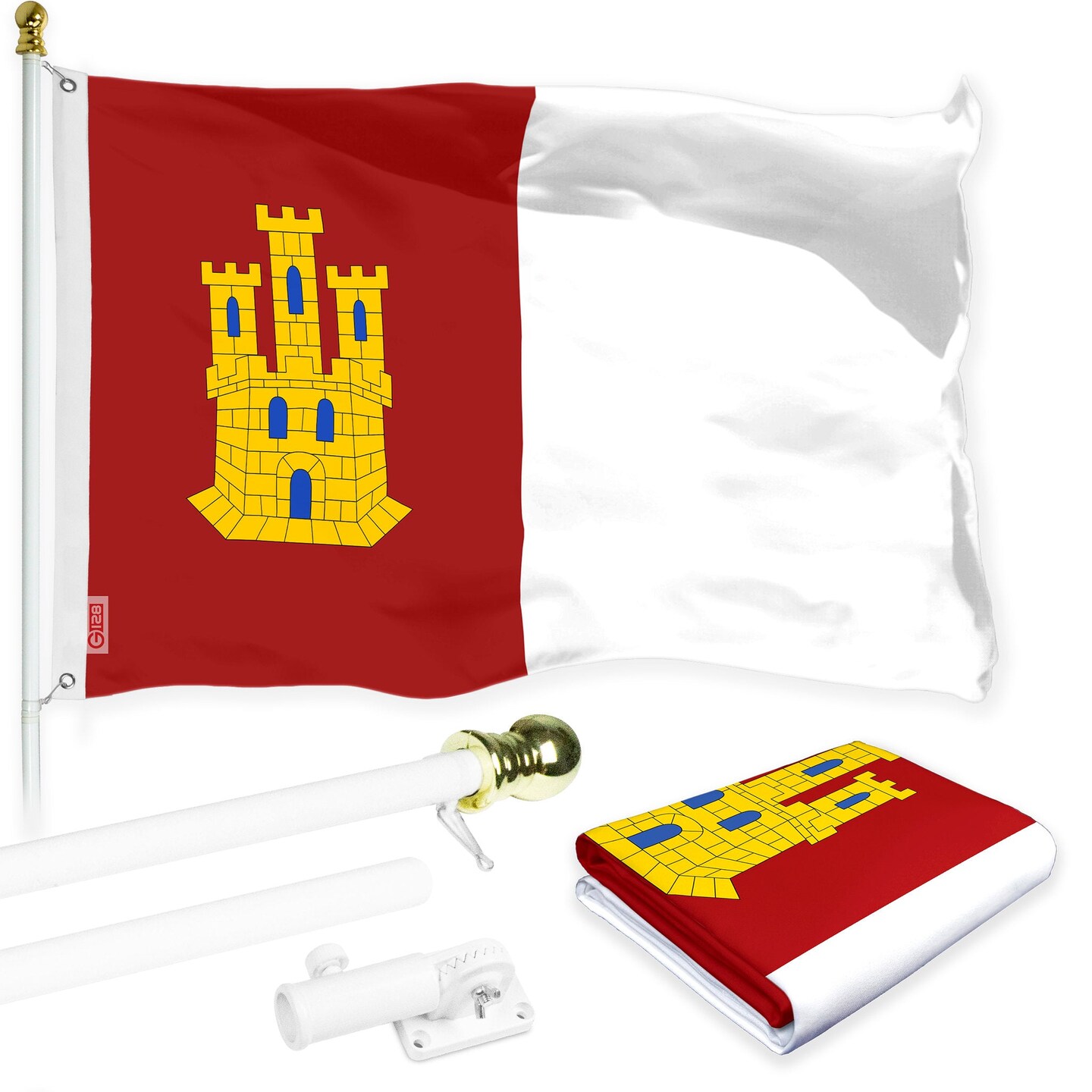 G128 Combo Pack: 6 Ft Tangle Free Aluminum Spinning Flagpole (White) &#x26; Spain Castile La Mancha Flag 3x5 Ft, LiteWeave Pro Series Printed 150D Polyester | Pole with Flag Included