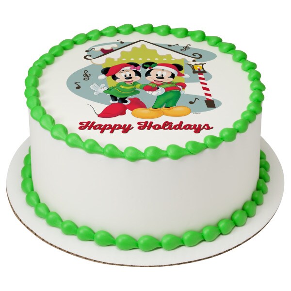 Mickey Mouse and Minnie Mouse Happy Holidays Edible Cake Topper Image - 1/4 Sheet