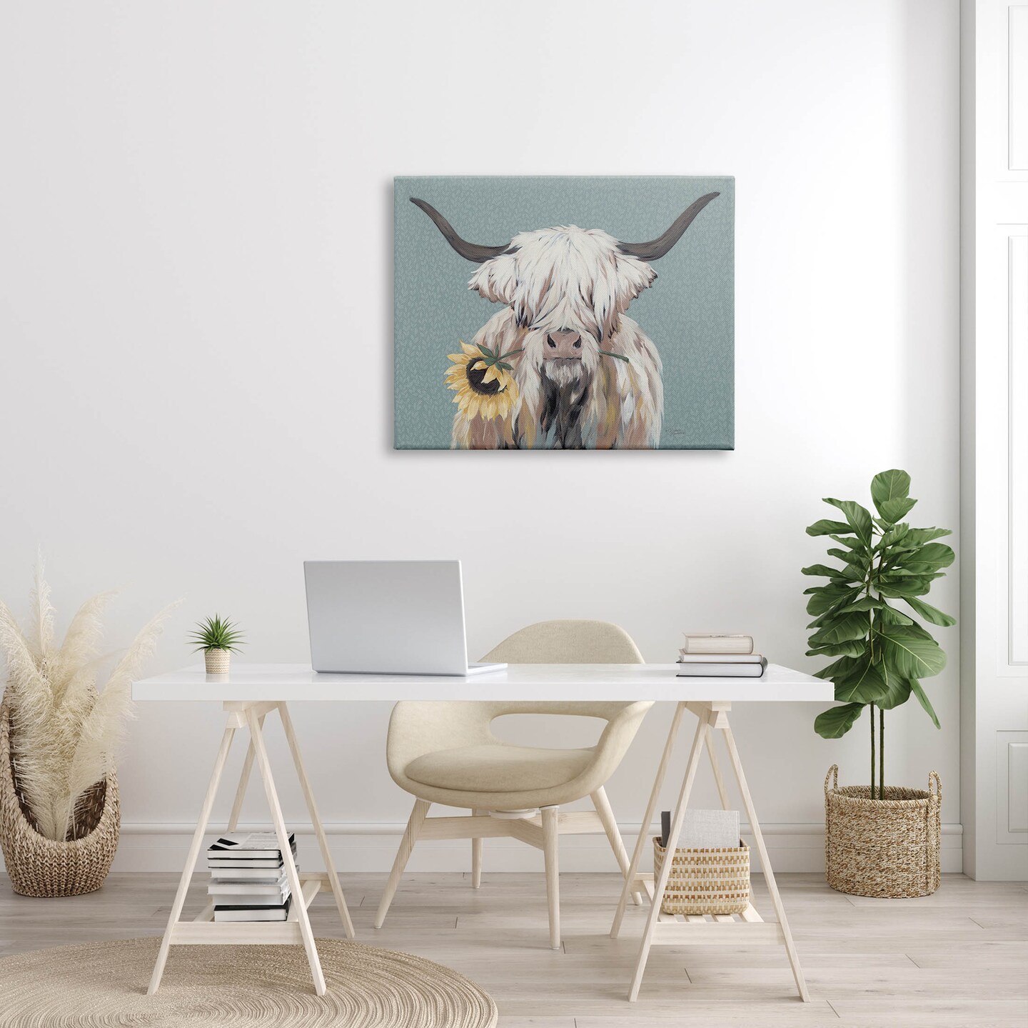 Stupell Industries Highland Cattle Biting Sunflower Bloom Canvas Wall Art