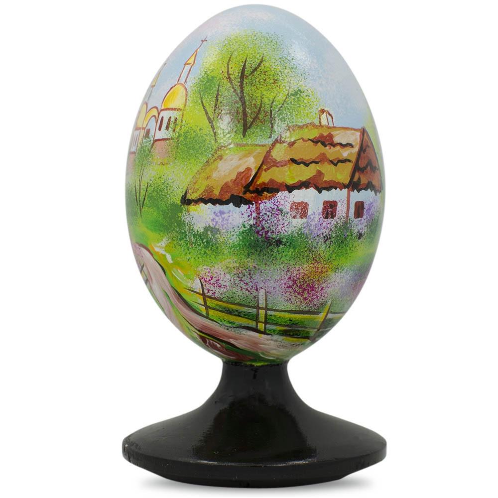Ukrainian Village Scene with Church Wooden Easter Egg Figurine 4.75 Inches