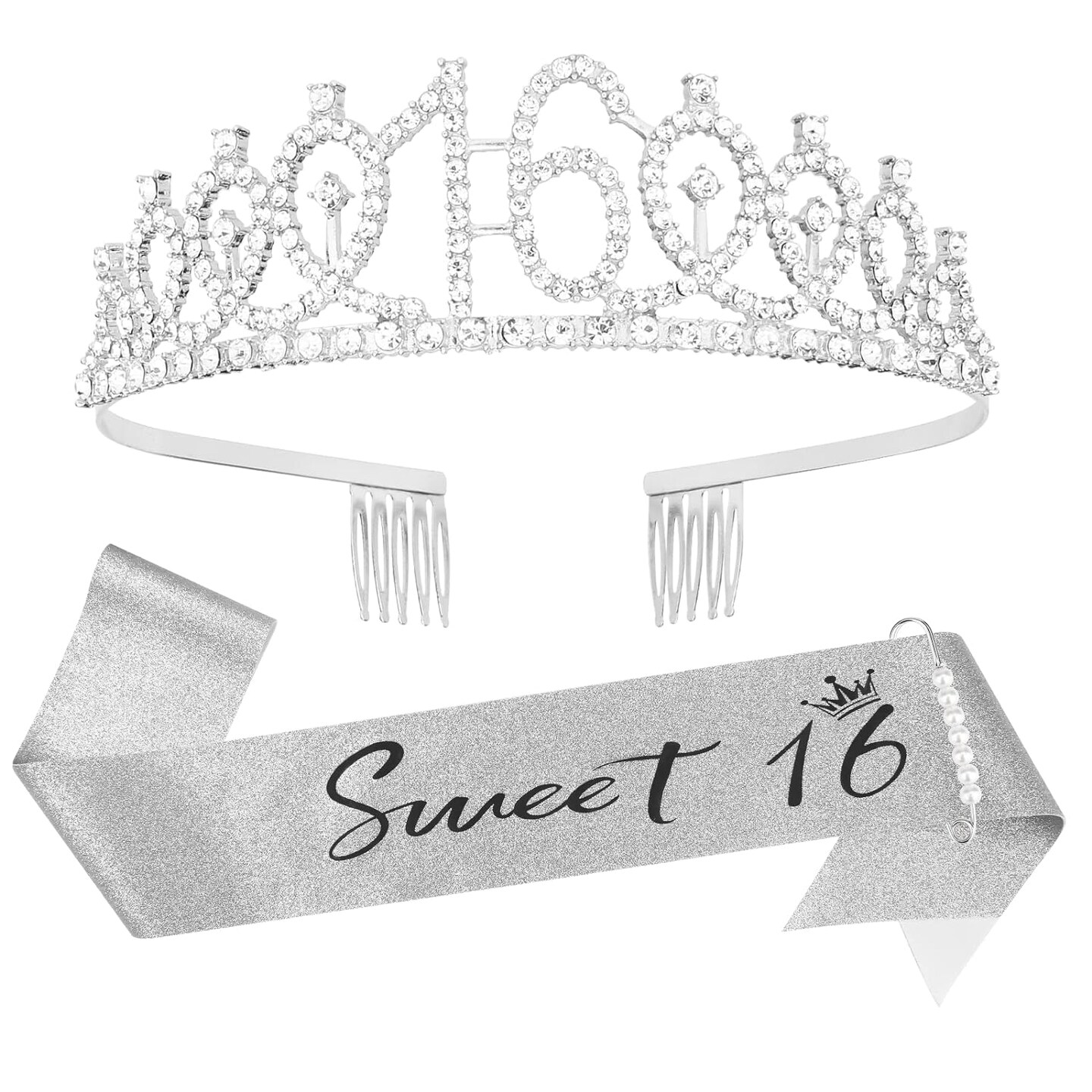 16th Birthday Tiara and Sash Kit- Silver &#x22;Sweet 16&#x22;Birthday Decorations 16th Birthday Party Gifts Birthday Party Supplies for Girls (silver)