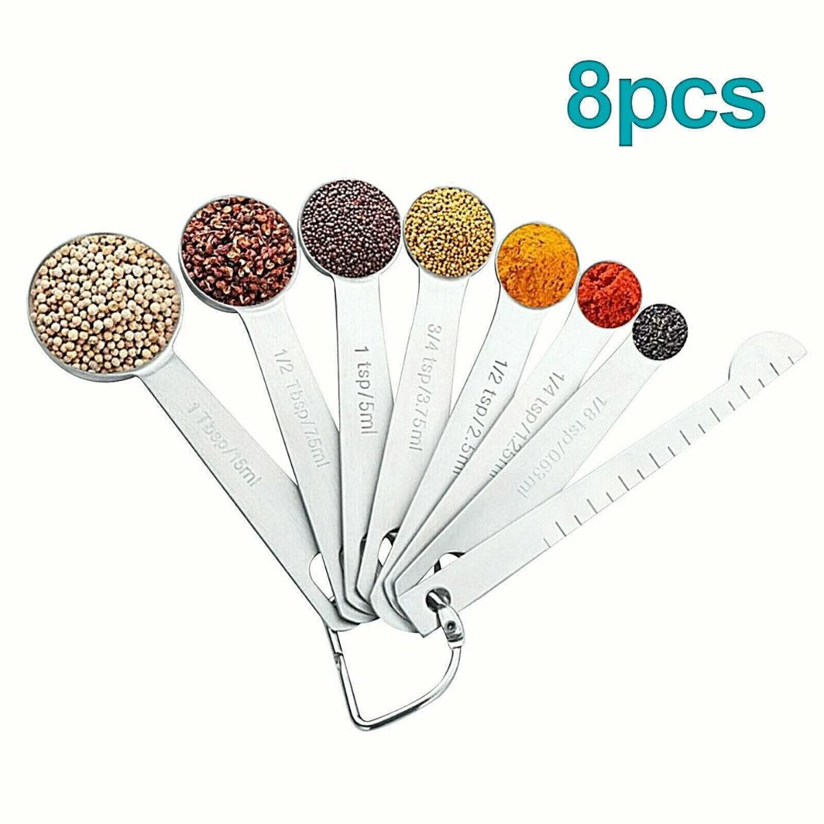 Stainless Steel Measuring Spoons with Leveler and Ring 8 pcs