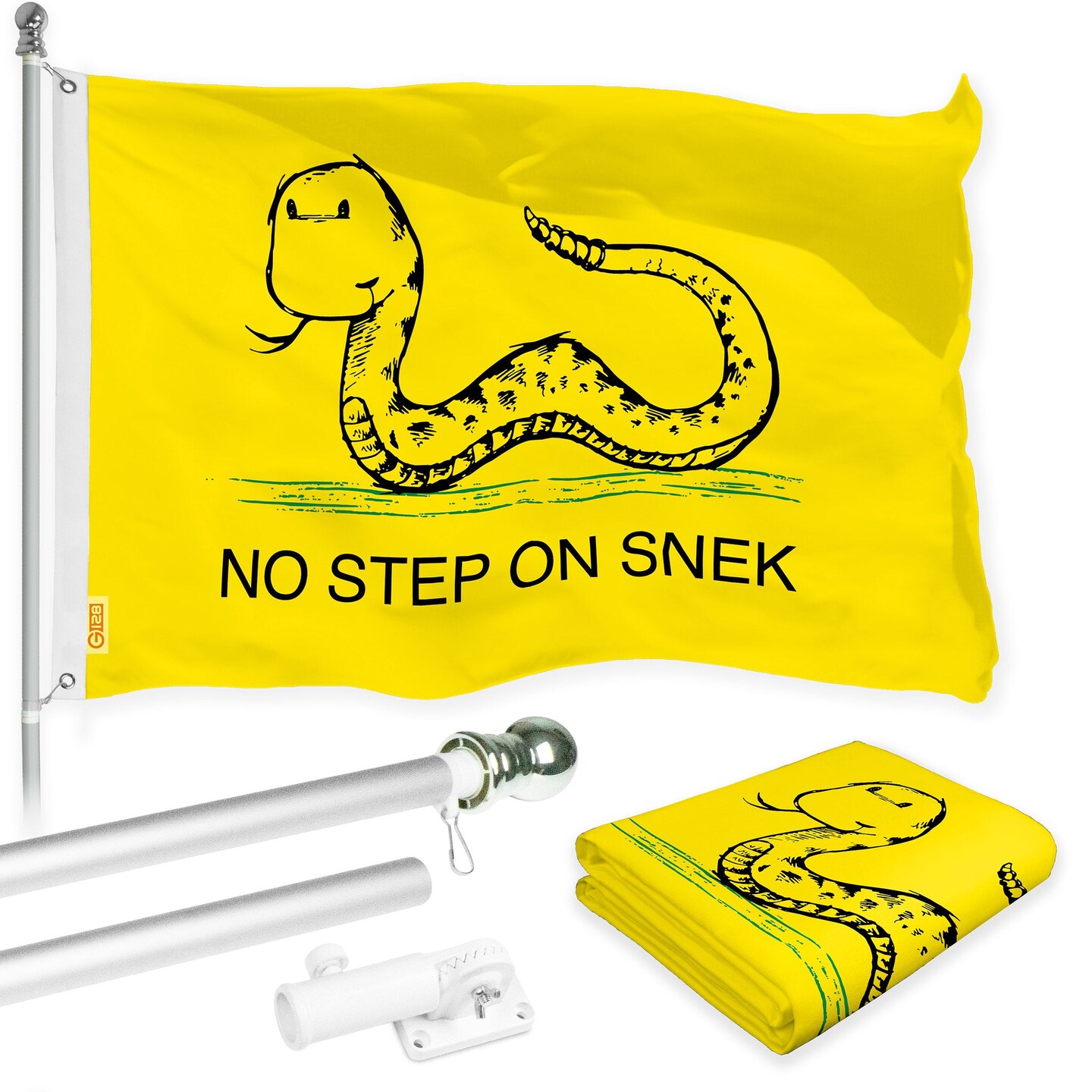 G128 Combo Pack: 6 Ft Tangle Free Spinning Flagpole (Silver) &#x26; No Step on Snek Cute Cartoon Flag 3x5 Ft Printed 150D Polyester, Brass Grommets (Flag Included) Aluminum Flag Pole