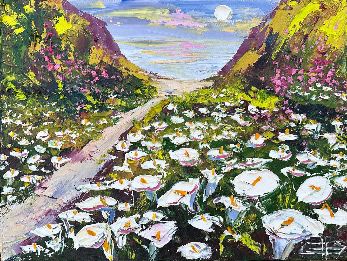 product name is Cala Lily Heaven | Original Oil Painting | 12"Hx16"Wx1.5"D