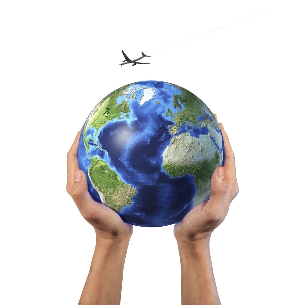 Mans Hands Holding The Planet Earth With A Jet Aircraft Flying Above Poster Print