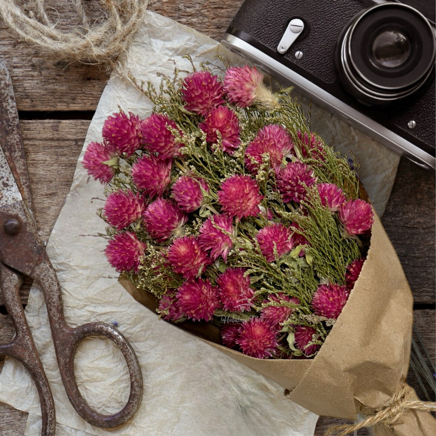 11&#x22; Dried Pink Globe Amaranth Mini Bouquet
