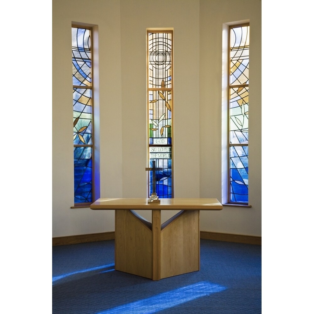 A Table With A Cross And Communion Emblems And Stained Glass Windows Inside A Church; Dore Sheffield England Poster Pr