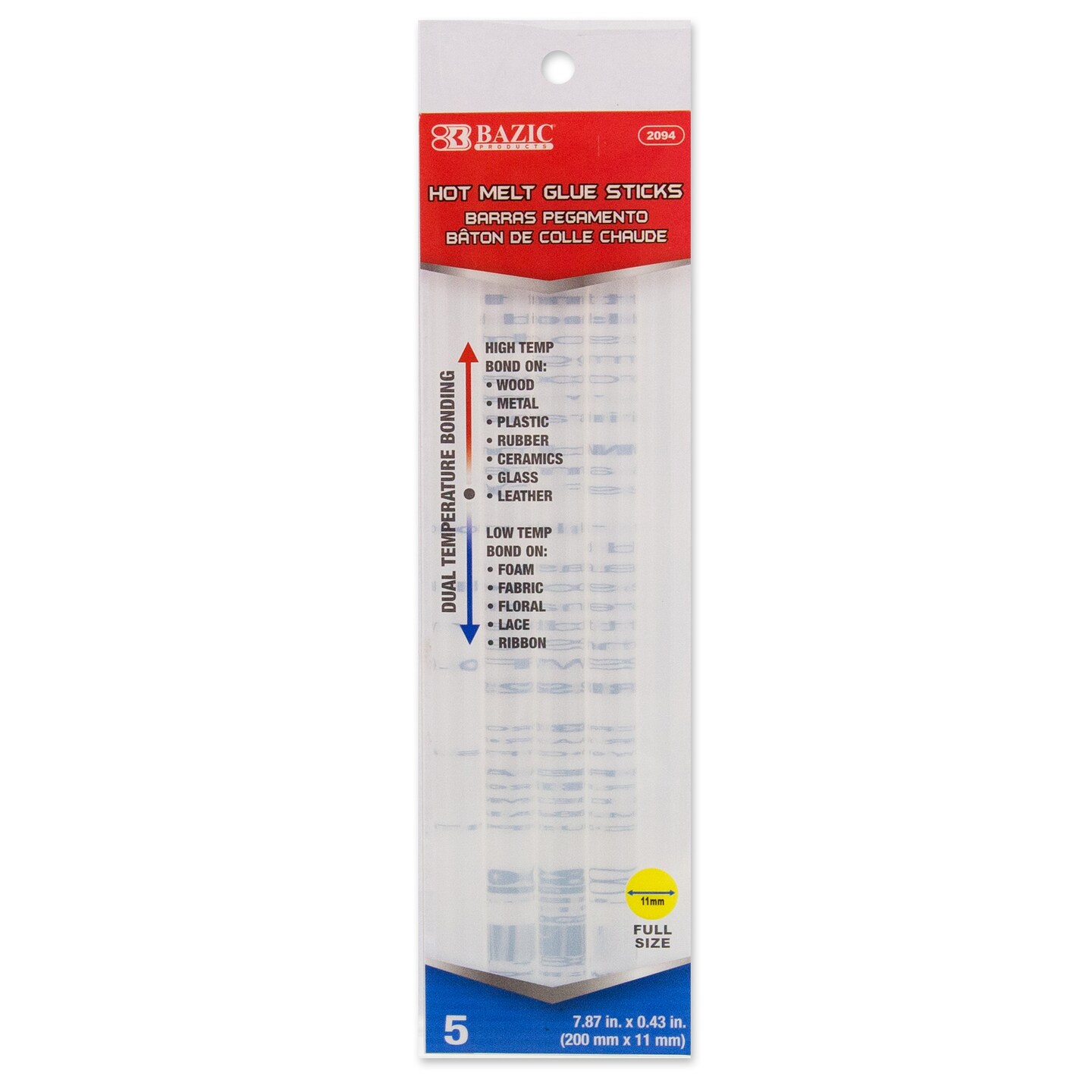 BAZIC Hot Melt Glue Sticks Dual Temp. Full Size 7.87&#x22; x 0.43&#x22; (5/Box)