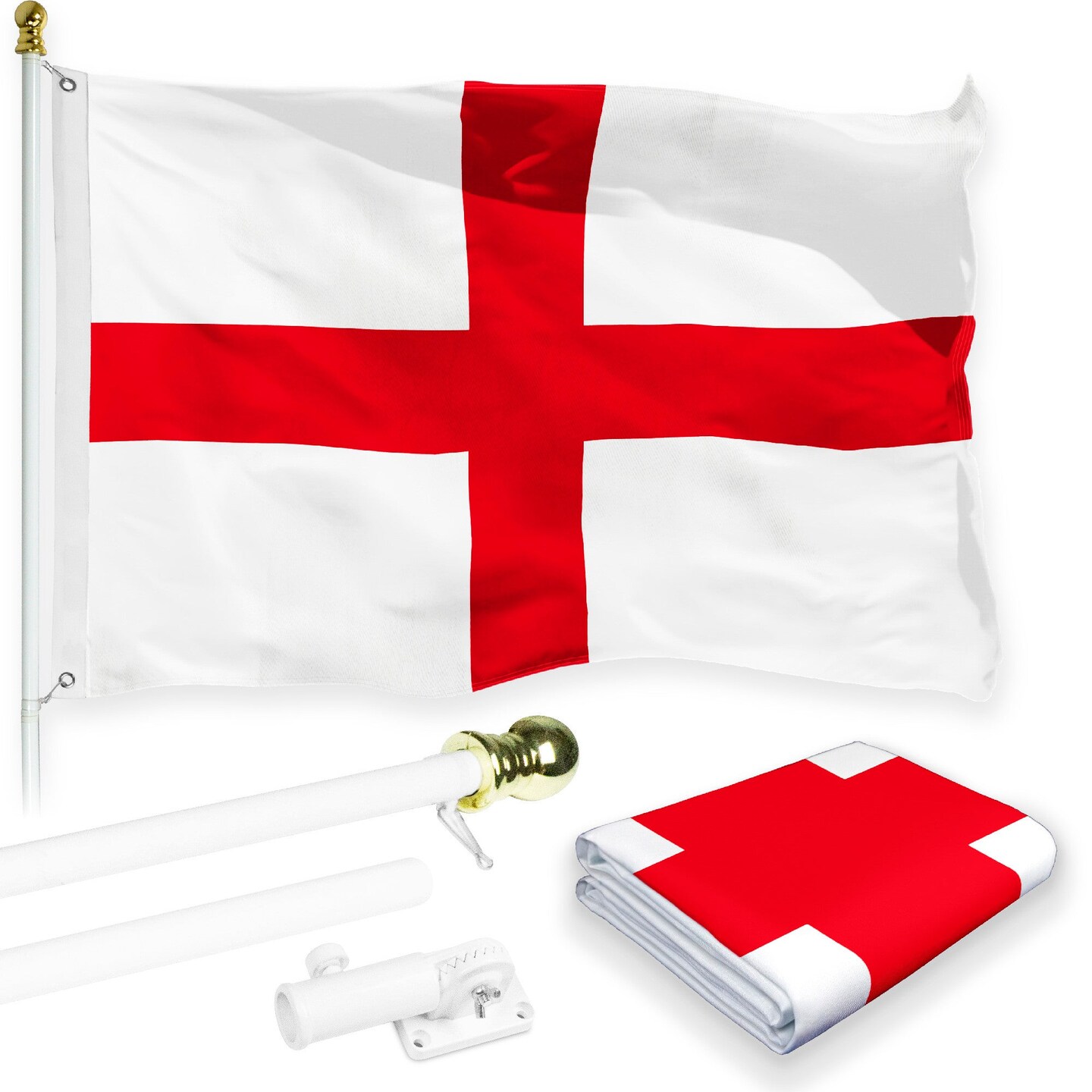 G128 Combo Pack: 6 Feet Tangle Free Spinning Flagpole (White) England English Flag 3x5 ft Printed 150D Brass Grommets (Flag Included) Aluminum Flag Pole
