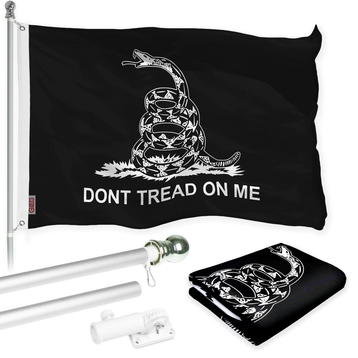 G128 Combo Pack: Flag Pole 6 FT Silver Tangle Free &#x26; Gadsden Black and White Flag 3x5ft 150D Printed Polyester