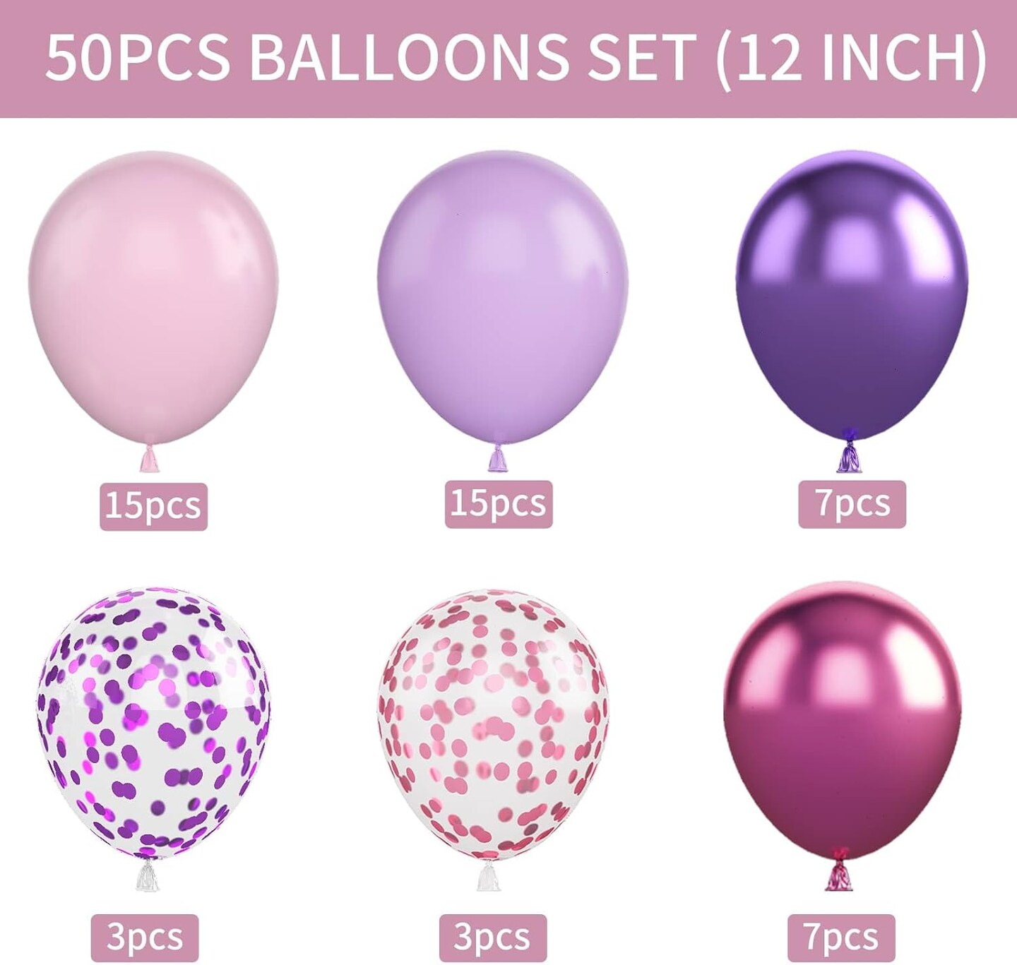 Pink and Purple Balloons, 50PCS 12 Inch Purple Pink Confetti Balloons, Metallic Purple Pink Latex Balloons with Ribbon, Party Balloons for Girls Birthday Baby Shower Wedding Party Decorations