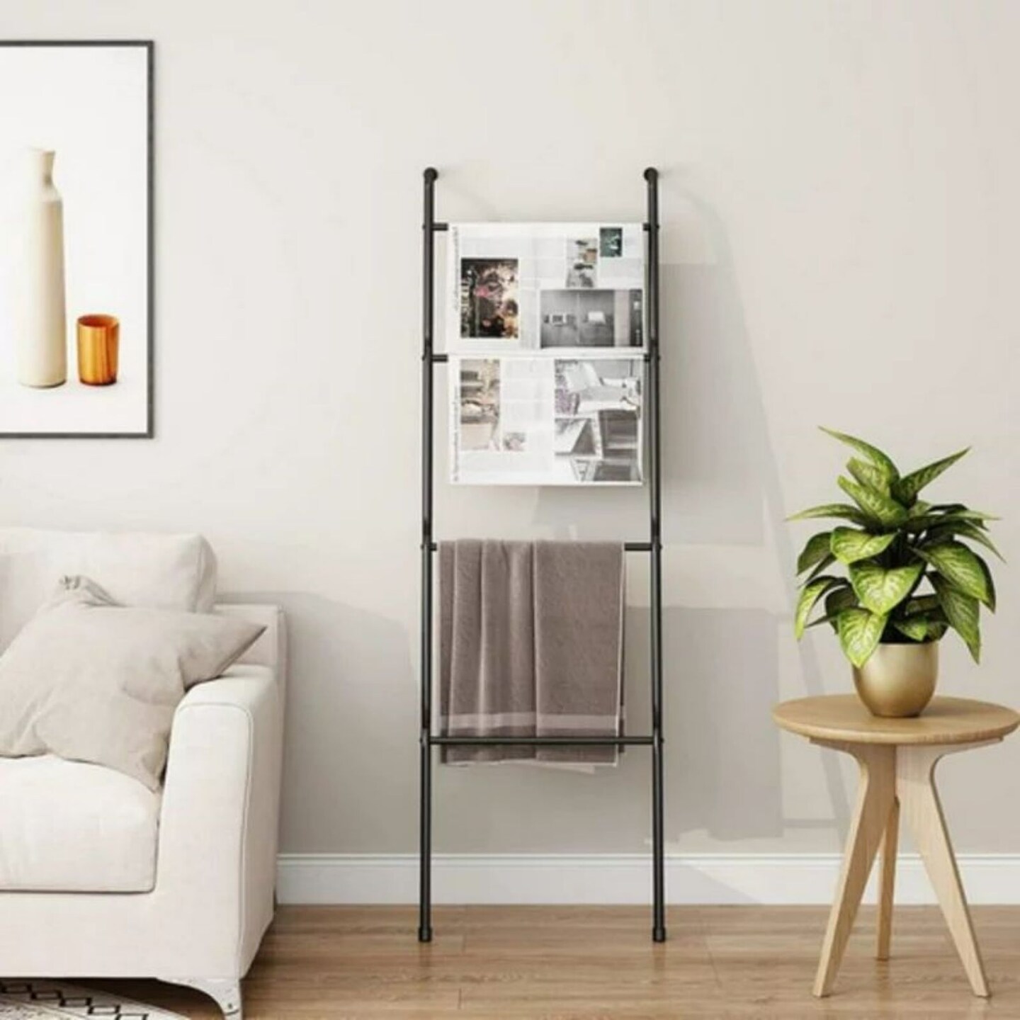 4 Tier Wall Leaning Blanket Ladder Towel Drying Quilt Holder Rack for Bathroom