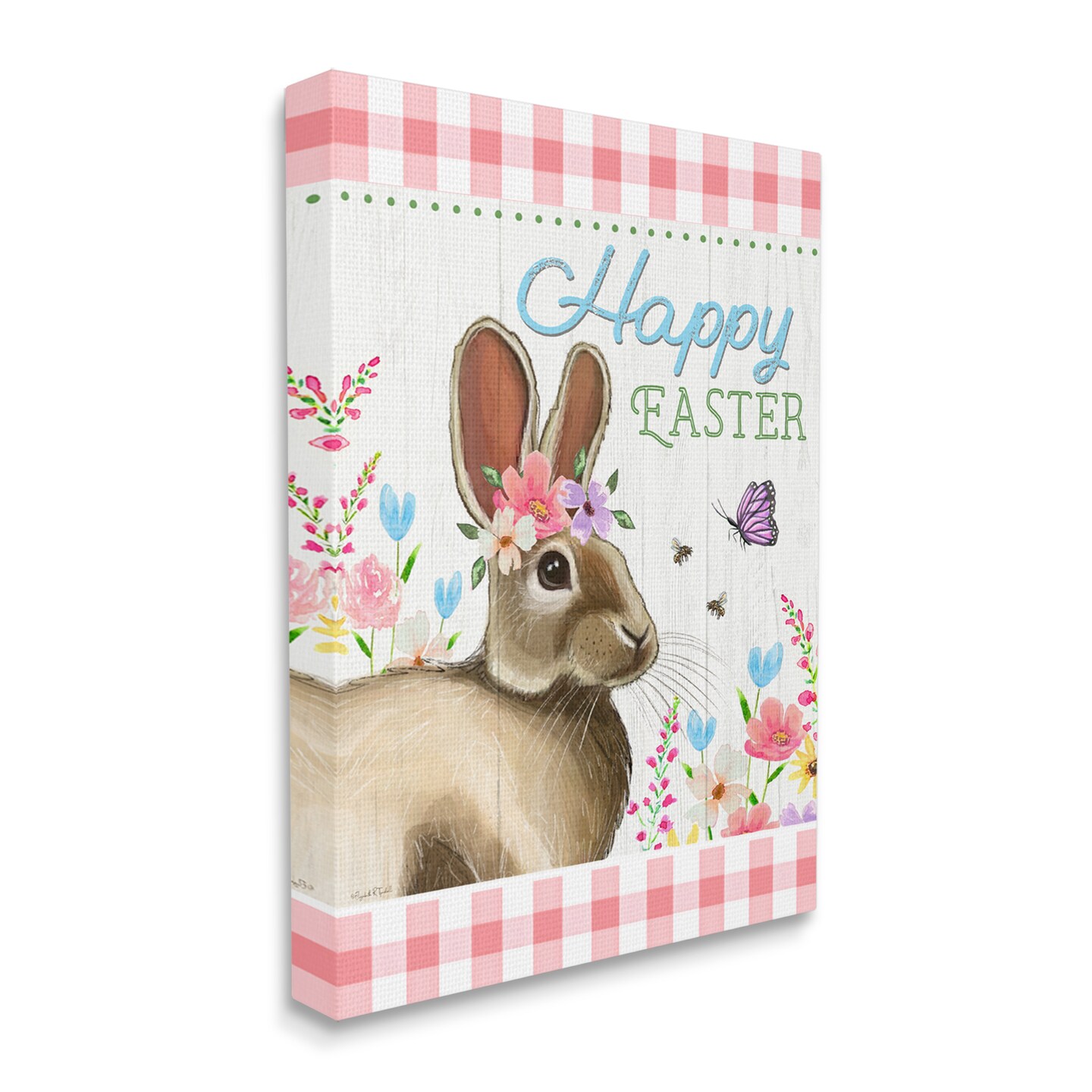 Stupell Industries Happy Easter Floral Gingham Rabbit Canvas Wall Art