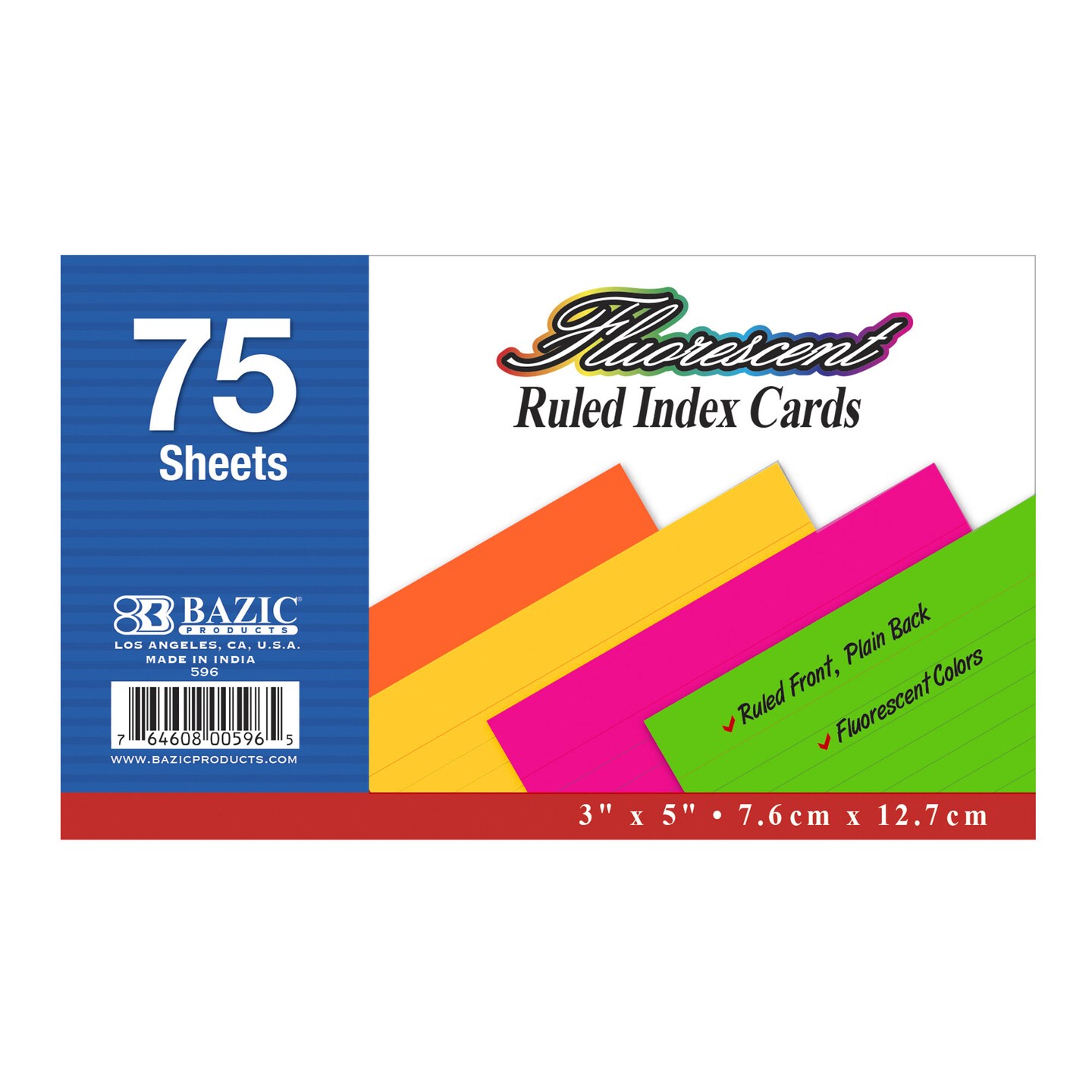 BAZIC Ruled Fluorescent Colored Index Card 3&#x22; X 5&#x22; 75 Ct.