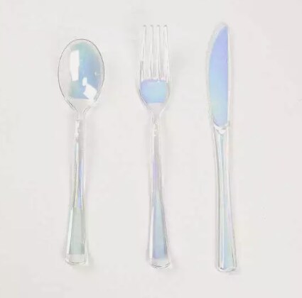 24 Iridescent Disposable Plastic Cutlery Spoon Fork Knife Set